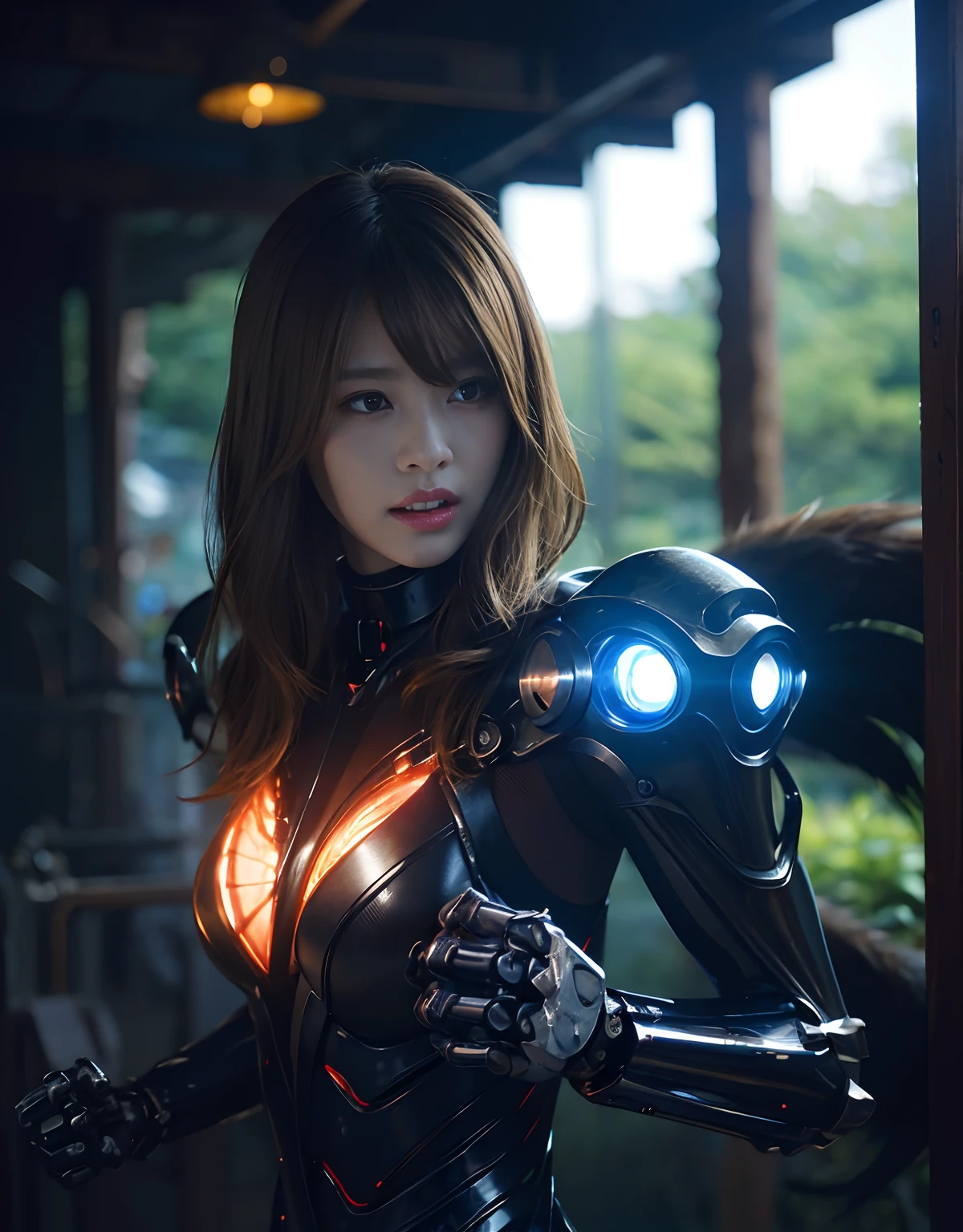 ((Fighting Demonic Beasts))、top-quality、masterpiece、超A high resolution、(Photorealsitic:1.4)、Raw photo、1人、Golden hair、glowy skin、(((1 Mechanical Girl)))、With a beautiful knife、(Blue Metal Bodysuit)、(beautiful forest background)、(Fighting Demonic Beasts)、(Small LED)、((super realistic details))、portlate、(Strong giant demon beast background),globalillumination、Shadow、octan render、8K、ultrasharp、Colossal tits、Raw skin is exposed in cleavage、metals、Details of complex ornaments、Japan details、highly intricate detail、Realistic light、CGSoation Trends、Red Eyes、radiant eyes、Facing the camera、neon details、(Mechanical limbs)、(blood vessels connected to tubes)、Mechanical vertebrae attached to the back、mechanical cervical attaching to neck、(Wires and cables connecting to the head)、Gundam、Small LED、,Mechanical thighs、Toostock、(Hands are also made of machines)、(Attack of the Monster Beasts)、(Wounded in a deadly battle)、