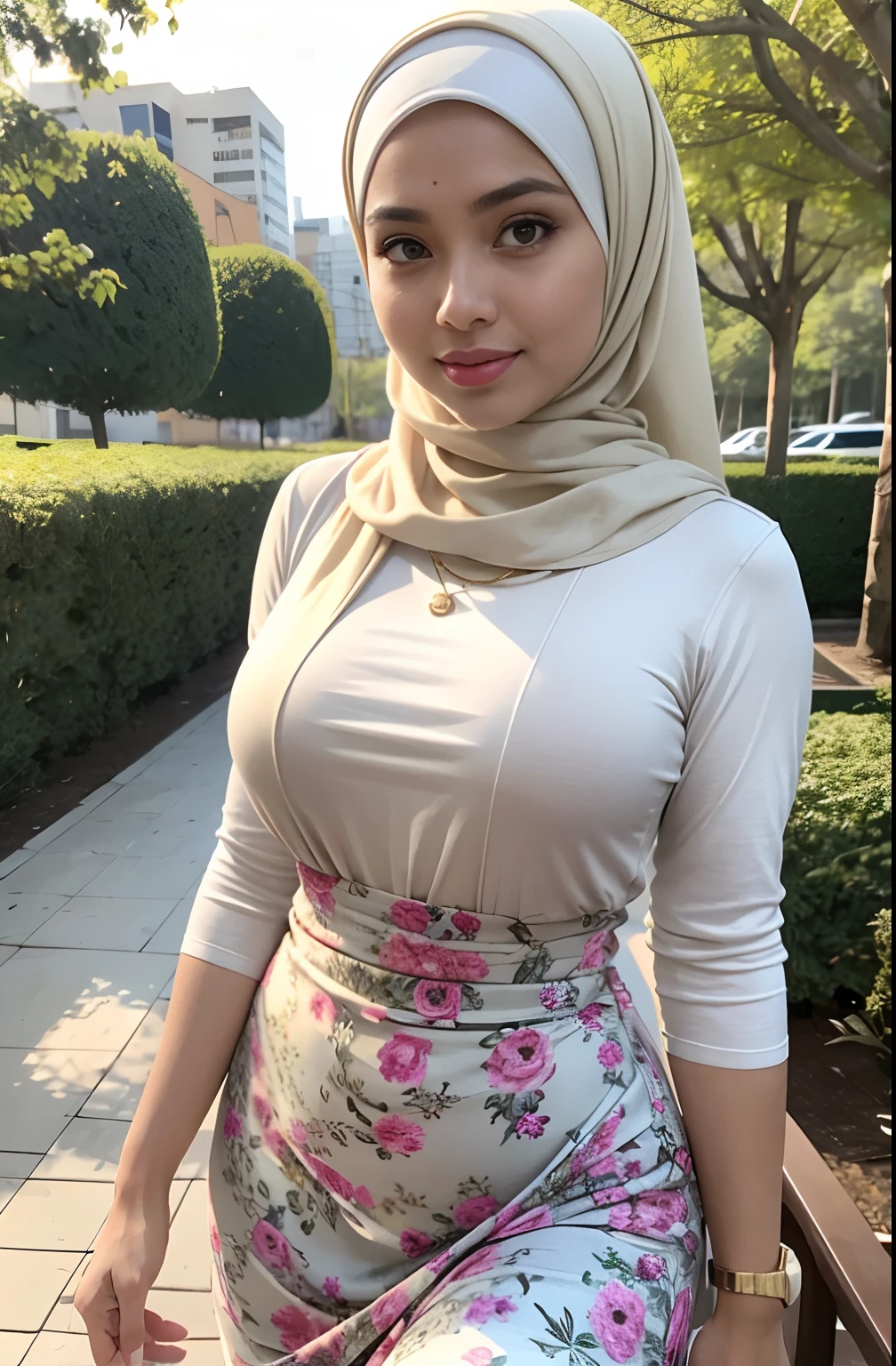 (4k, highres, masterpiece:1.2), ultra-detailed, (realistic:1.37), professional, portrait, Arabian, model, hijab, photo studio, romantic background, beauty, body, sexy, dress, uniform, cosplay, student, plaid mini skirt, white panties, sensual pose, open legs, smile, vivid colors, Bokeh, soft lighting