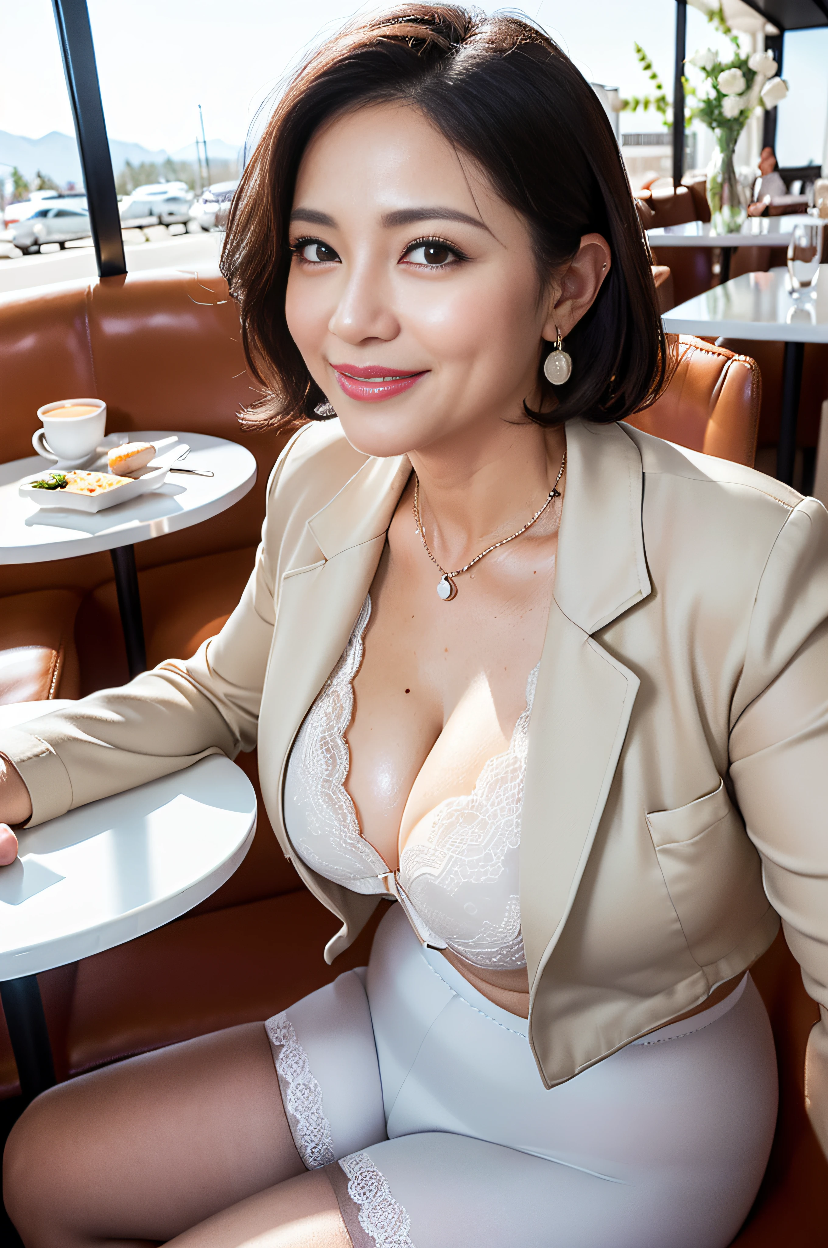 ((bbw:1.3))、Beautiful 45 year old female politician eating in café、(Only one solo),((Corrective underwear in black color that covers from the lower body to the thighs:1.4))、((Neat and sharp facial features:1.4))、((A smile:1.3))、Colossal tits、((Big ass:1.3))、(Bra with big white lace design.3)、((Wear a light gray jacket for the office:1.2))、short dark hair、((Black pantyhose:1.3))、Expensive necklaces and earrings、Natural wrinkles、Wrinkles at the corners of the eyes、Ultra-realistic、Natural Skin、beautiful lighting、Mature Female Politician、carismatic、A sexy、Chromo-white skin、((Lunch at a bright café with white tones:1.3))