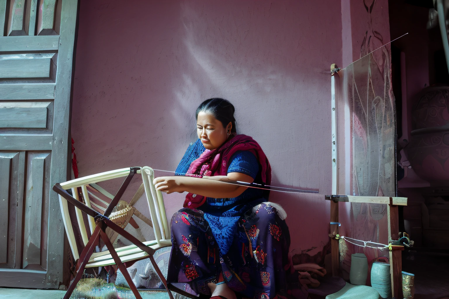 araffe woman sitting on a chair in a pink room, one of the weavers of destiny, weaving, masterpiece work of art, young himalayan woman, by Matthias Stom, nepal, loom, warping, blocking the sun, shot on sony a 7 iii, by Richard Carline, by Robert Brackman, by Matthias Weischer, by William Berra