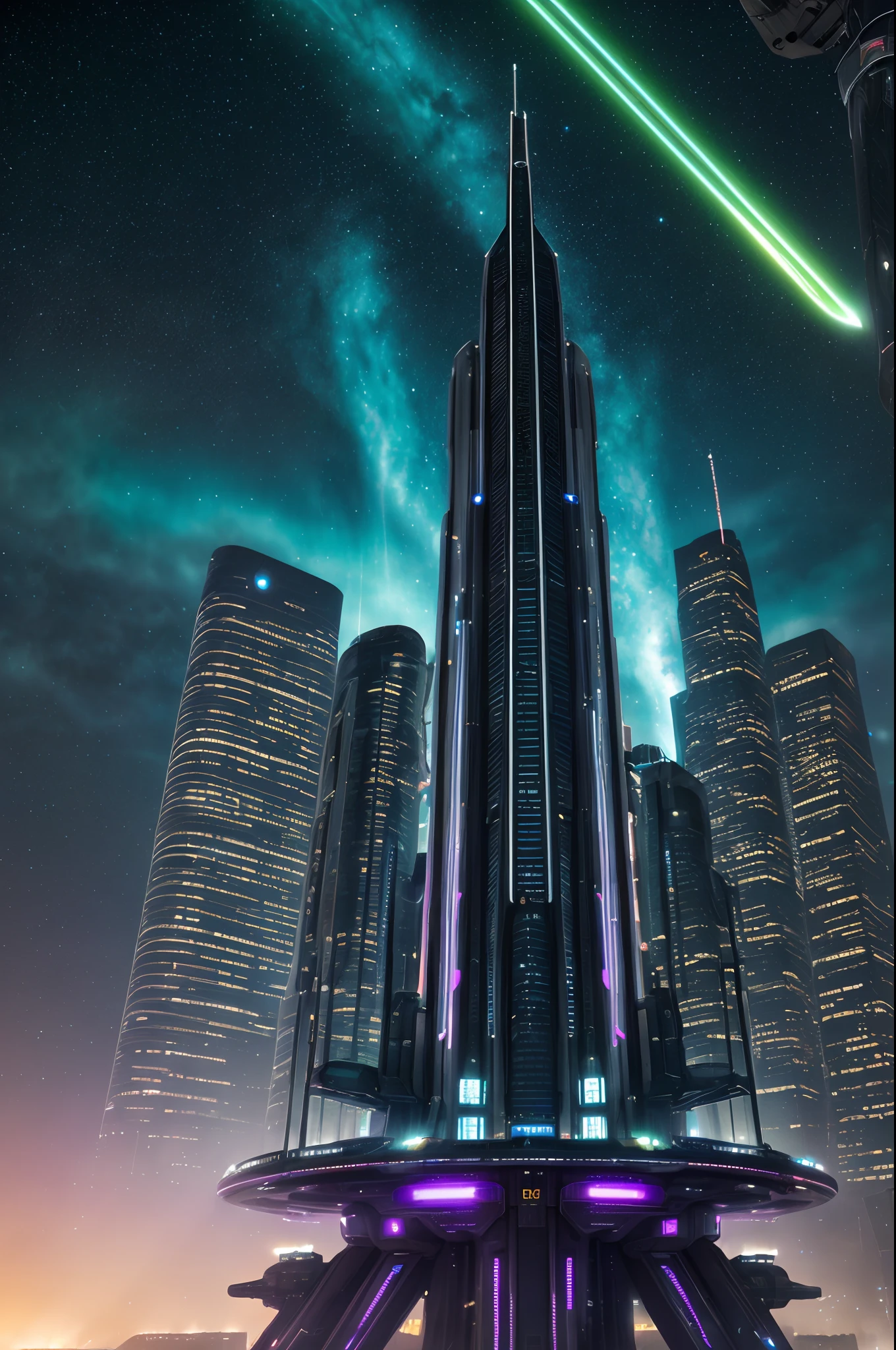 best quality,highres,ultra-detailed,realistic,photorealistic:1.37,sci-fi,intense colors,neon lights,architectural masterpiece,extraterrestrial civilization,advanced technology,glass skyscrapers,futuristic vehicles,floating buildings,cityscape at night,interstellar travel,galactic energy,filled with stars,dark matter,cosmic wormhole,alien life forms,intergalactic transportation,hovering platforms,interdimensional portal,vibrant atmosphere,cyberpunk vibes,nightlife,expansive metropolis,flying cars,advanced AI,galaxy,space-time continuum,energy beams,luminous pathways,majestic skyline,gleaming towers,spacecraft docking stations,interstellar communication,artificial intelligence,urban center of the future,cosmic rays,gravity-defying structures,illumination,blurring lights,cosmic mysteries,twinkling constellations,limitless possibilities