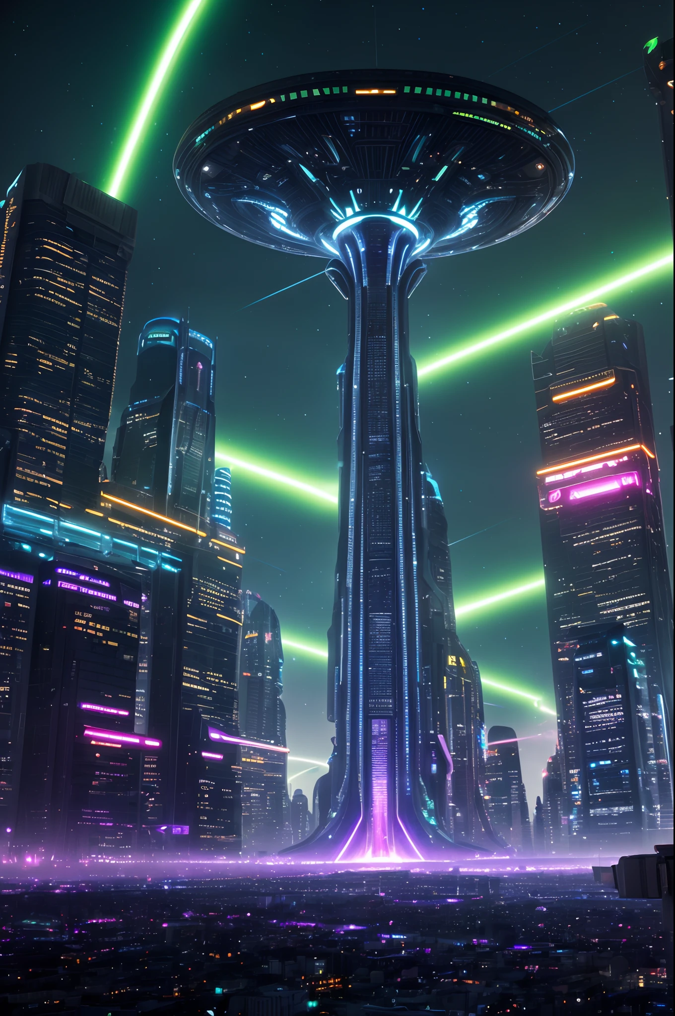 best quality,highres,ultra-detailed,realistic,photorealistic:1.37,sci-fi,intense colors,neon lights,architectural masterpiece,extraterrestrial civilization,advanced technology,glass skyscrapers,futuristic vehicles,floating buildings,cityscape at night,interstellar travel,galactic energy,filled with stars,dark matter,cosmic wormhole,alien life forms,intergalactic transportation,hovering platforms,interdimensional portal,vibrant atmosphere,cyberpunk vibes,nightlife,expansive metropolis,flying cars,advanced AI,galaxy,space-time continuum,energy beams,luminous pathways,majestic skyline,gleaming towers,spacecraft docking stations,interstellar communication,artificial intelligence,urban center of the future,cosmic rays,gravity-defying structures,illumination,blurring lights,cosmic mysteries,twinkling constellations,limitless possibilities