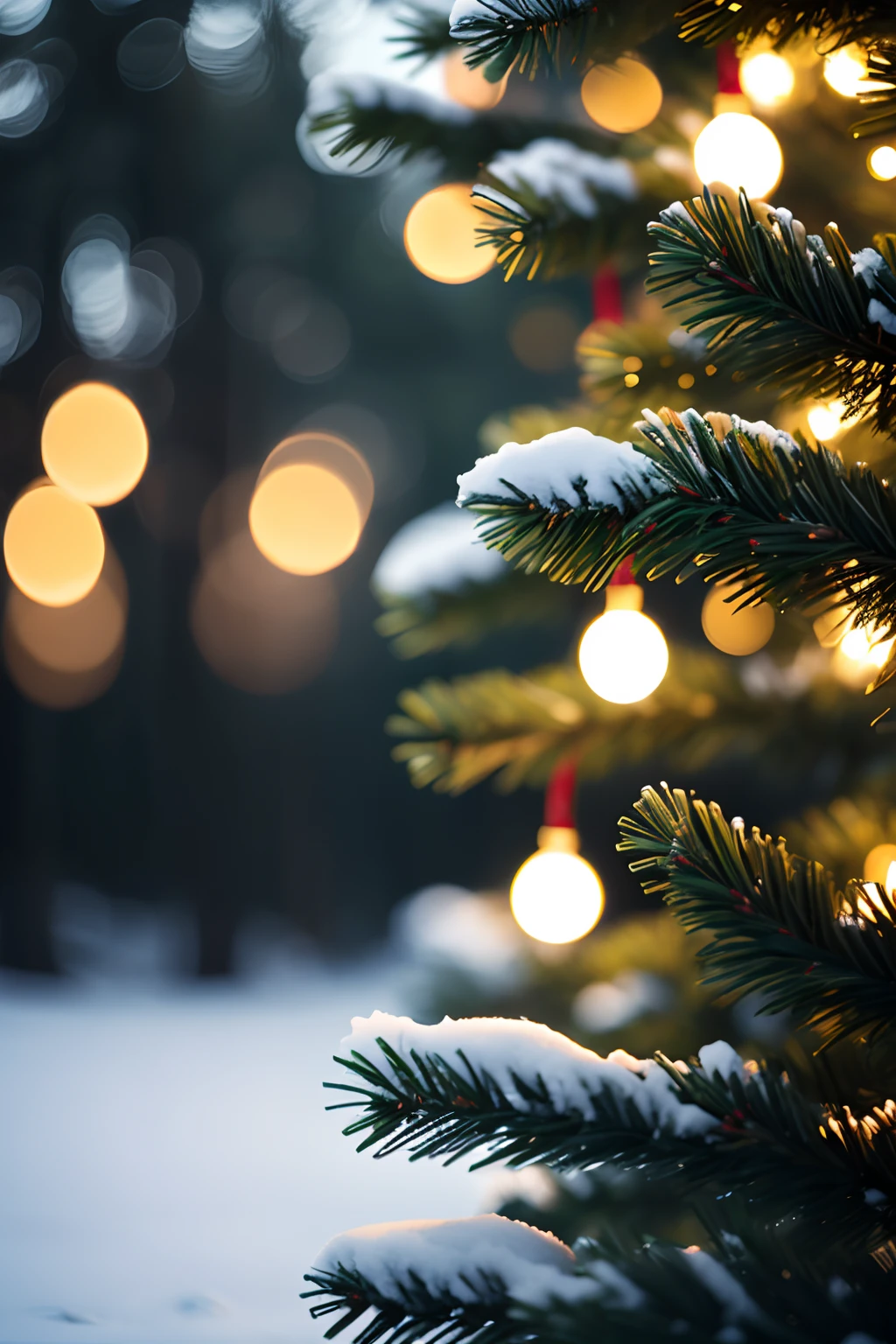 Pine tree background for Christmas decoration with snow and defocused lights