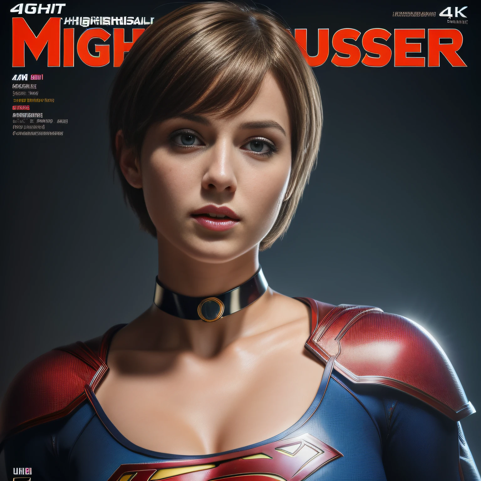 (best quality,4k,8k,highres,masterpiece:1.2),ultra-detailed,(realistic,photorealistic,photo-realistic:1.37),supergirl,short hair,large bust,eye contact,glossy costume,choker,extremely short miniskirt,magazine cover,powerful pose