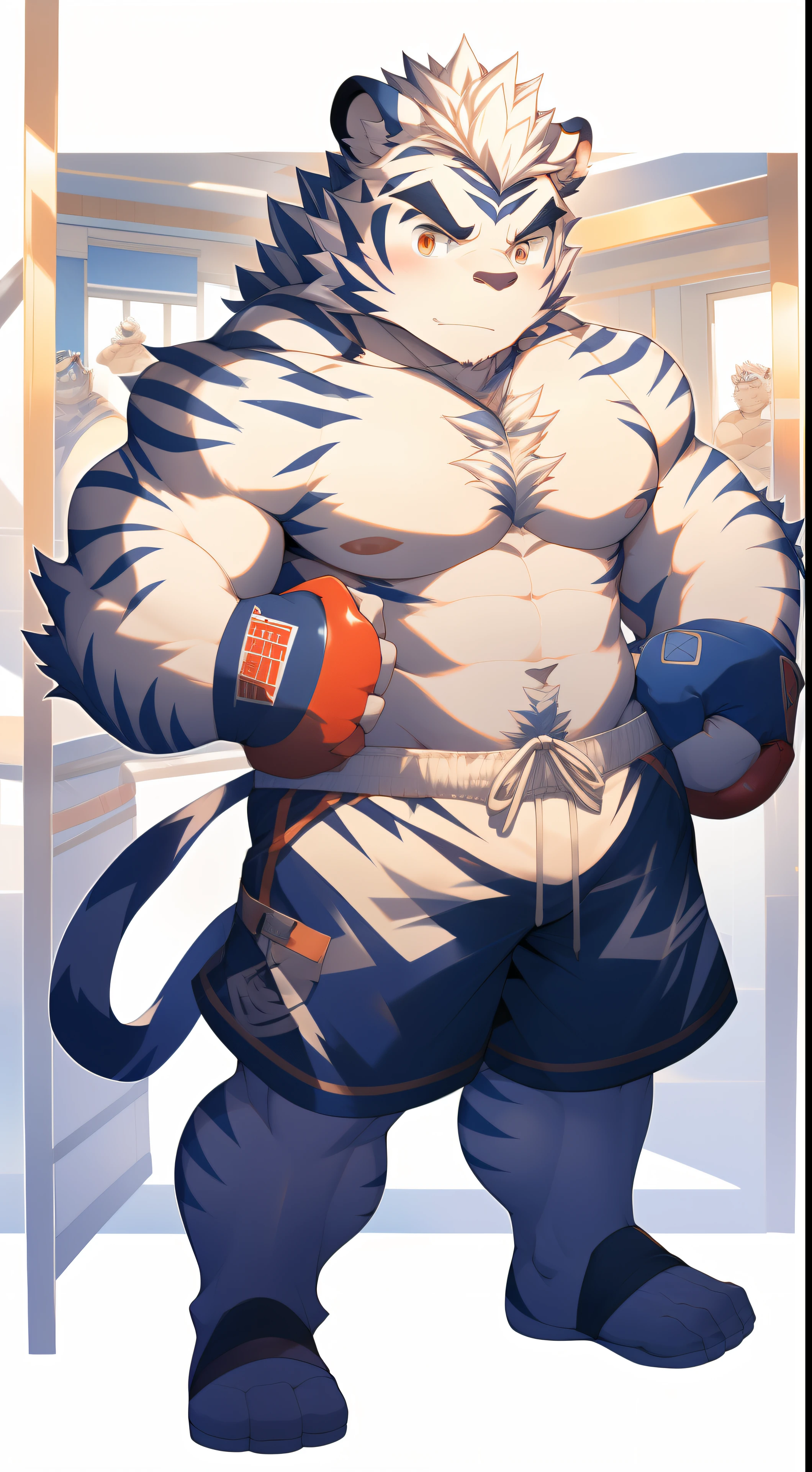 tmasterpiece，Anthropomorphic white tiger，male people，26 year old，Thick eyebrows，White hairs，Strong body，large pecs，Red boxing gloves，Bare topless，Navy blue skinny shorts，medium bulge，in  the gym，serious-expression，looking toward the viewer，Golden pupils，Strong，Solo，frontage，Full body photo