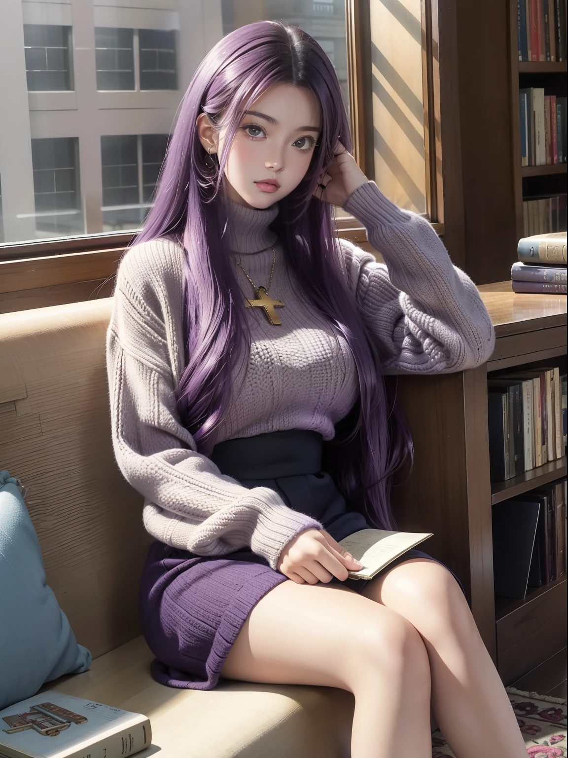 (Masterpiece, 1980's anime illustration:1.1), Sweet girl with long purple hair in oversized knitted sweater, Sit cross-legged on the floor of a bookstore, Open the book on your lap, Read attentively, Surrounded by stacks of old books, The afternoon sun shines through the windows, Illuminates the floating dust in the air, Create a cozy atmosphere, Detailed old binding on books, Patterned carpet on hardwood floors, Retro anime style, Warm lighting，blackstockings