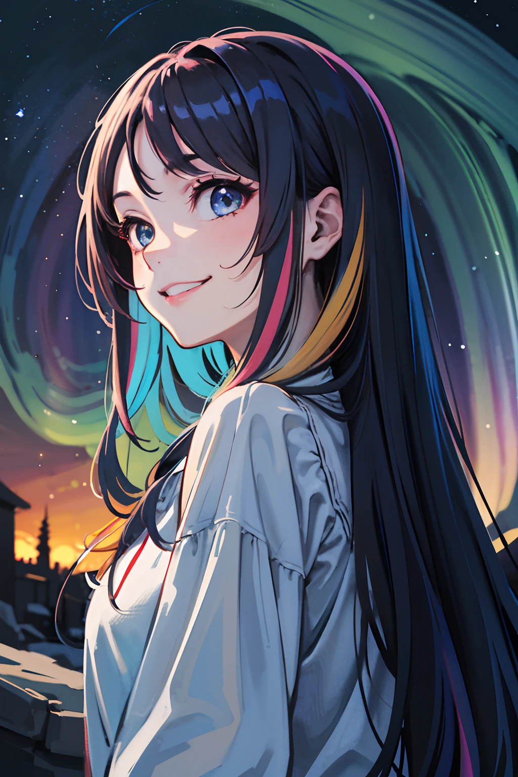 (highres, best quality:1.2), 1girl, radiance, soft contours, beautiful drawing, upper body, concept art, eyelashes, kyoani hyouka style, detailed background, bright colors,
Rainbow hair, rainbow eyes, stars, smile, happy, northern lights,