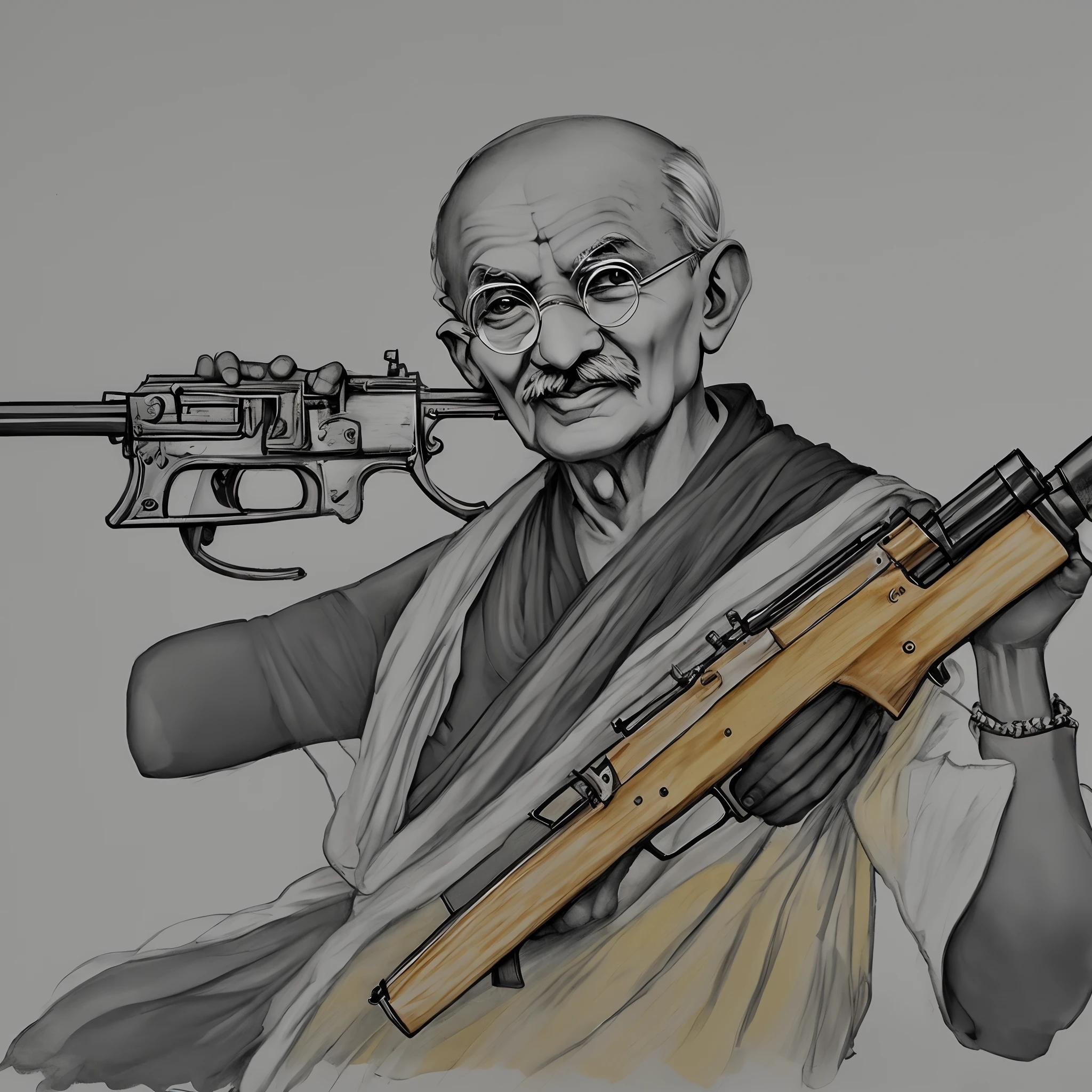 Mahatma Gandhi having AK47 in hands with stylish pose , sketch