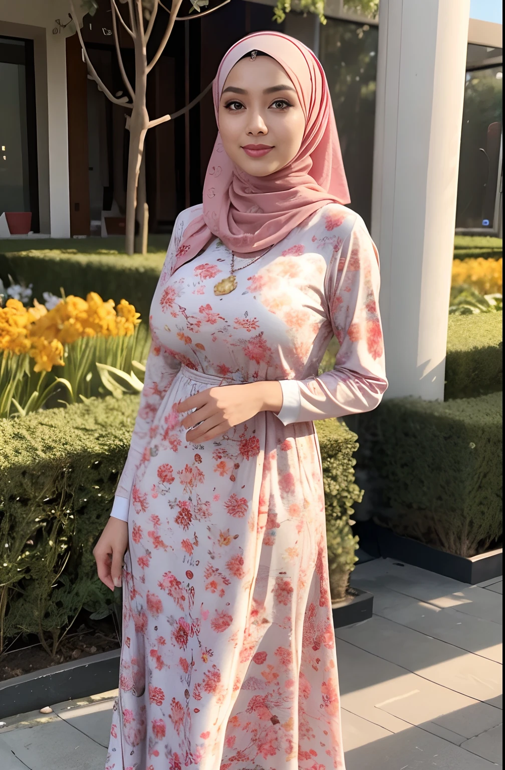 RAW, Best quality, high resolution, masterpiece: 1.3), beautiful Malay woman in hijab,Masterpiece, perfect slim fit body, (Huge breasts), big gorgeous eyes, Soft smile, Delicate turtleneck print sun dress, necklace, shairband, afternoon walk, City garden, Excellent lighting, Bright colors, Clean lines