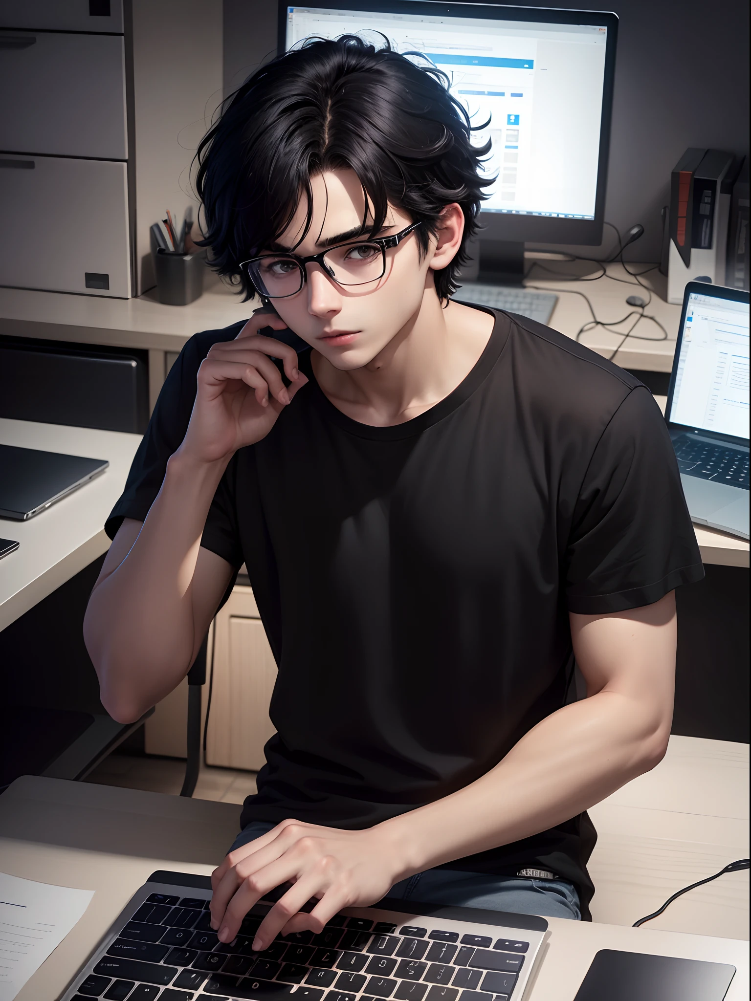 1 boy 19 years old, messy black hair, he is using a laptop, wearing black T-shirt, bespectacled, face looking at laptop, desk with laptop, in the dark room, 8k, Extremely beautiful image quality, Extremely high graphics, best quality