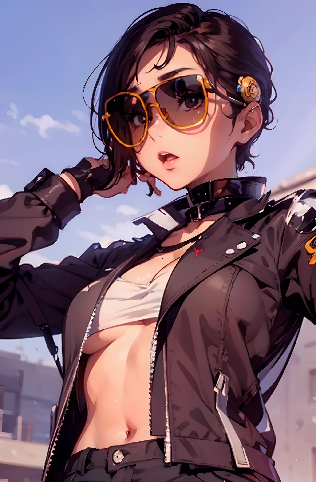 (masterpiece1.5),hyper quality, Hyper Detailed,Perfect drawing,。.3D,16K illustrations、((clearface))、Hi-Res、Brown skin,Lunette de soleil、Bad girl、Huge breasts,Very short hair, half-opened mouth,Looking at Viewer,Black hair,lofty nose,Thick lip,Cowboy Shot, Nice backgrounds for your subject、beatiful backgrounds、spot light、Vibrant colors、(((Detailed drawing)))、Perfect Beautiful Girl、(((Perfect Photo))