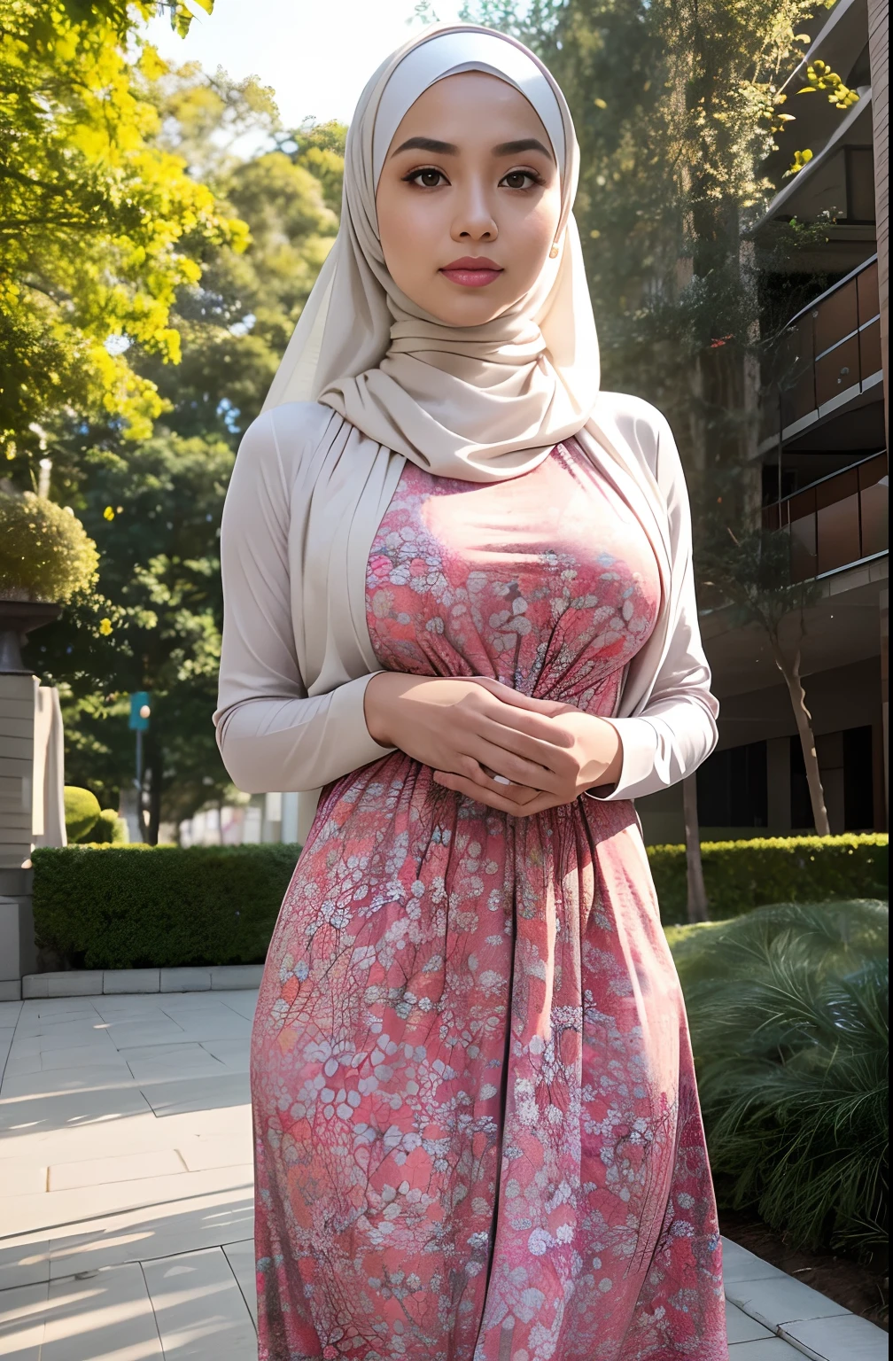 RAW, Best quality, high resolution, masterpiece: 1.3), beautiful Malay woman in hijab,Masterpiece, perfect slim fit body, (Huge breasts), big gorgeous eyes, Soft smile, ,woman in a pink shawl standing in a field, inspired by Nazmi Ziya Güran, inspired by Naza, wearing pink floral chiton, fuschia skin, shawl, hijab, emir, fuchsia skin, beautifully, magenta, smooth fuschia skin, detailed picture, inspired by Mym Tuma, with cape necklace, shairband, afternoon walk, City garden, Excellent lighting, Bright colors, Clean lines