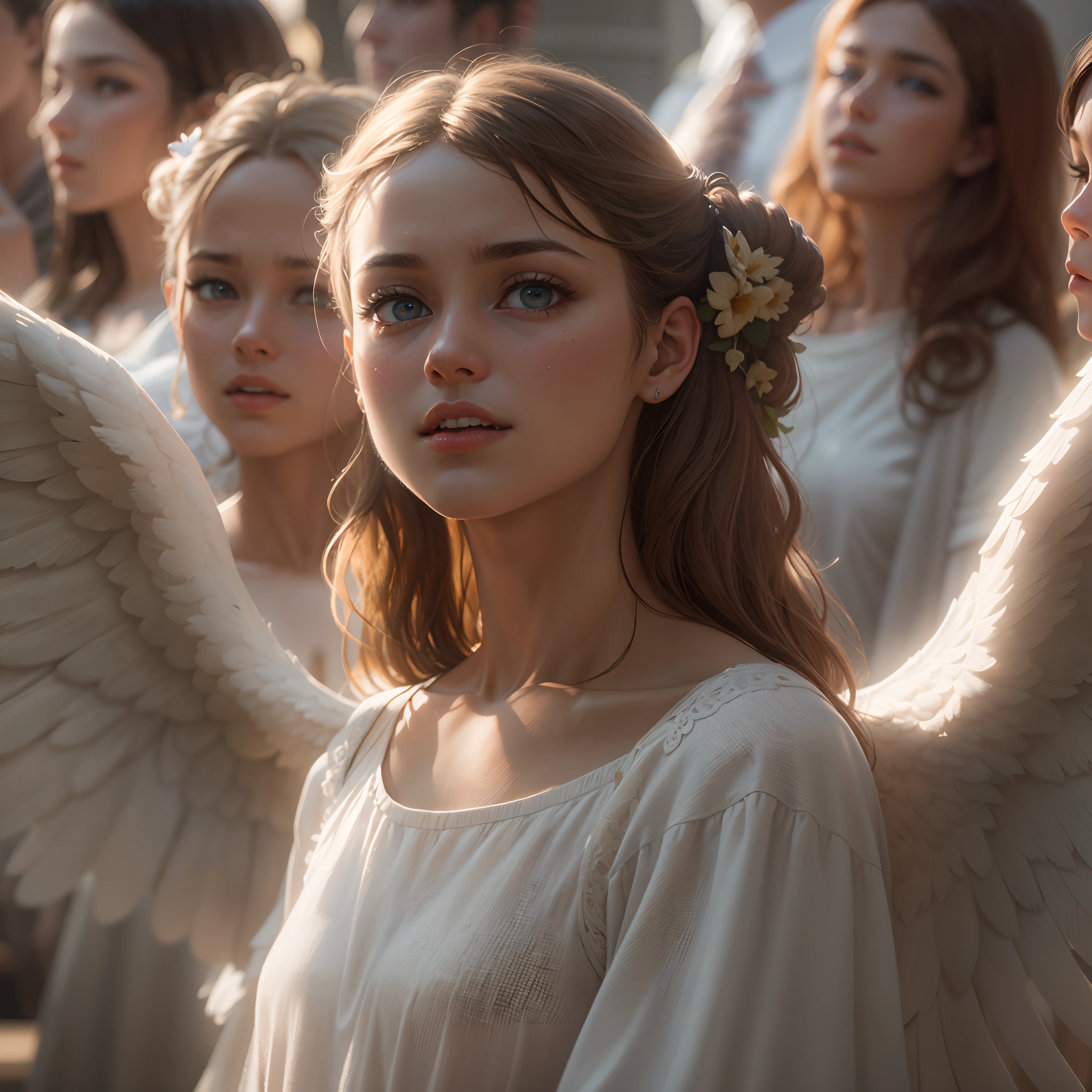 Top quality masterpieces in 8K, Featuring real people. The realism is impressive, In highly detailed CG, Glossy skin, and fully focused.
break
Set in Heaven, Filled with the glory and shining light of God.
break
Angels exude a sense of blessing and happiness.