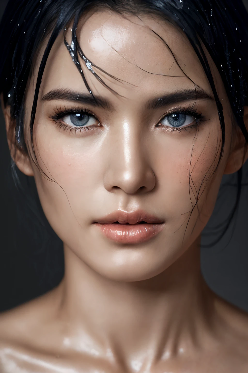 Photorealistic woman, detailed short messy black hair, mid shot, Detailed skin, detailed body, muscular, solo, nude, huge breasts, thick thighs, wide hips, muscular arms, large bulging veins on body, veins, muscle vein, split abs, thick thighs, blue eyes, Natural Skin Texture, skin detail, shiny skin, shiny glossy skin, WET skin, wet body, glossy skin, oily skin, Mediterranean tan, high contrast, realistic skin, skin pores, intricate detail, high contrast, realistic skin, skin pores, intricate detail, raw photo, mature female, glossy lips, luscious lips, pretty nose, lifelike rendering, immersive atmosphere, chiaroscuro, moody lighting, perfect female body, realistic skin, skin pores, at an expensive private swimming pool in Brazil