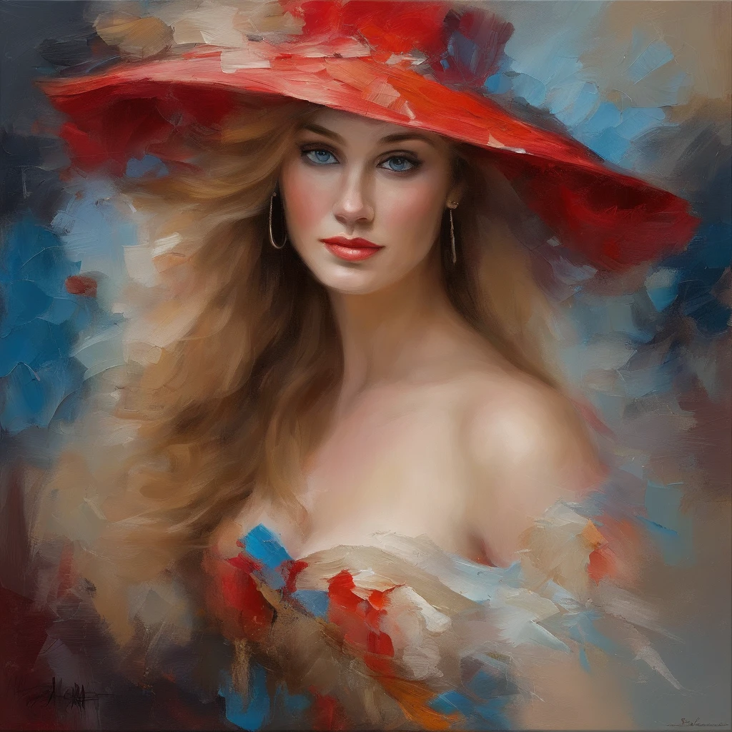 oil painting of a woman in a red cocktail dress, wearing a white hat, long blond hair, blue eyes, eyes looking at us, top of hat within our view, top of hat within the frame, medium shot, elegant digital painting, beautiful portrait acrylic painting, wlop painting style, brush strokes in textured paint, gorgeous digital painting, in style of Junyi Liu, beautiful character painting, fine art portrait painting, epic colorful background, beautiful art uhd 4 k