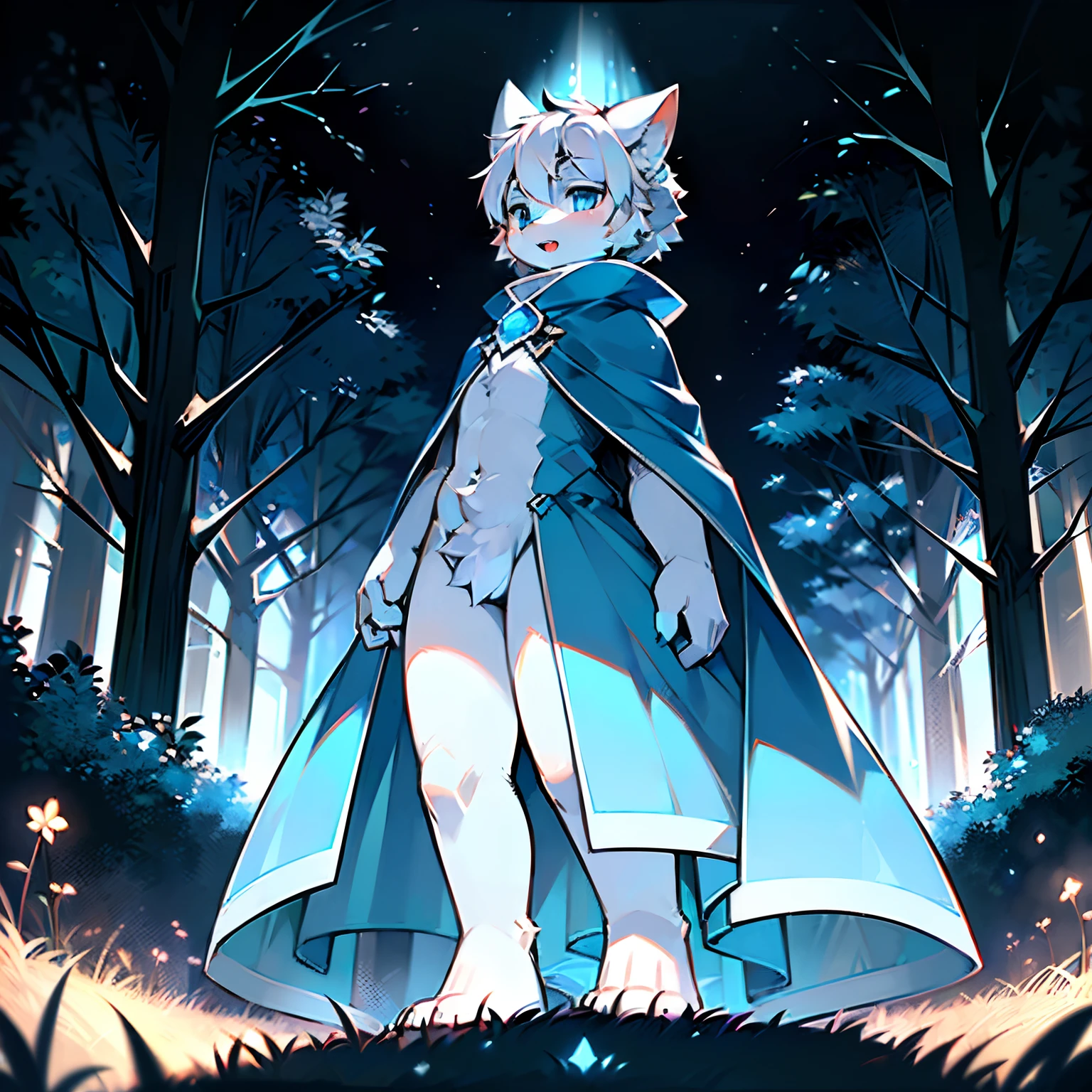 Anthropomorphic standing furry little wolf，adolable, Light：Extreme light and shadow,(anthr(Full Body Furry,Head bust close-up， Silvery-white hair,Large silvery-white ears，Big blue eyes，The mouth is slightly larger，White fur，Reddish skin ，Sky blue eyes, Silvery-white hair:1.0), (long canines、Thick light blue cape，White fur trims：1.2），（the night、lawns)) ，((Deep in the dark forest at night，glowworm，独奏，solo person))，((the detail))，（depth of fields)，（Sell moe），(standing on your feet))