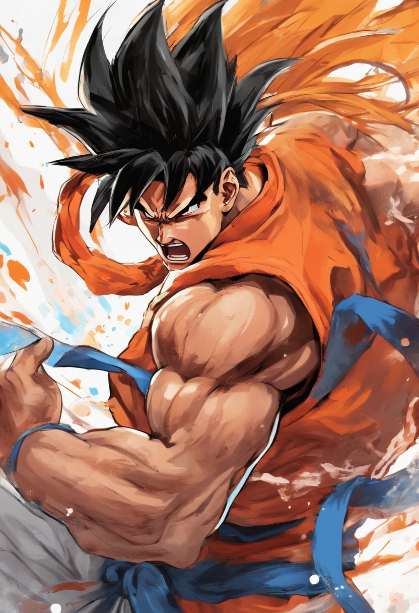 man, Son Goku from Dragon Ball Super in an epic pose while on top of a mountain while transformed into Super Super Saiyan, detailed, pronounced outline, better detail, red and blue color palette set, HD
