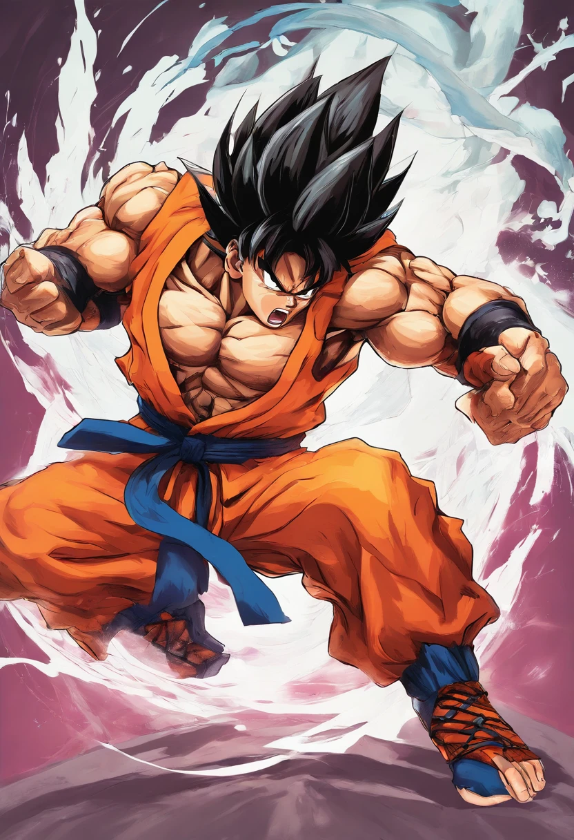 Produce an illustration of Goku as he challenges a formidable opponent, with his determined face and his black hair flowing. --ar 16:9