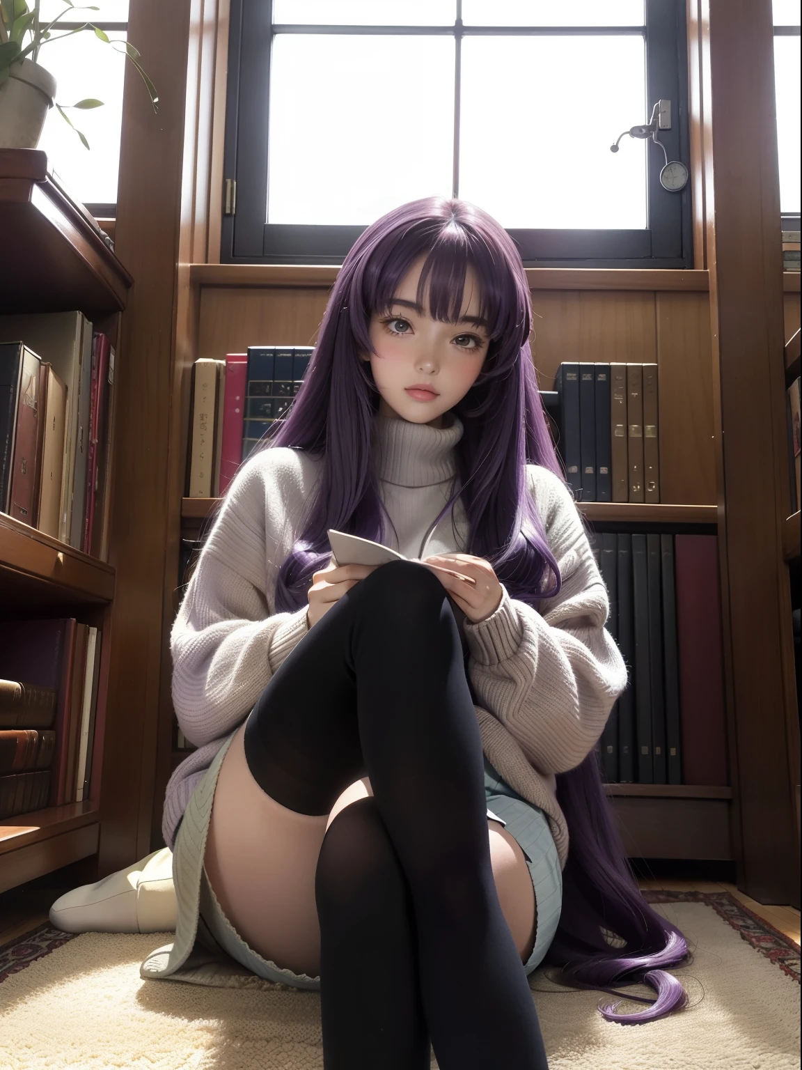 (Masterpiece, 1980's anime illustration:1.1), Sweet girl with long purple hair in oversized knitted sweater, Sit cross-legged on the floor of a bookstore, Open the book on your lap, Read attentively, Surrounded by stacks of old books, The afternoon sun shines through the windows, Illuminates the floating dust in the air, Create a cozy atmosphere, Detailed old binding on books, Patterned carpet on hardwood floors, Retro anime style, Warm lighting,blackstockings