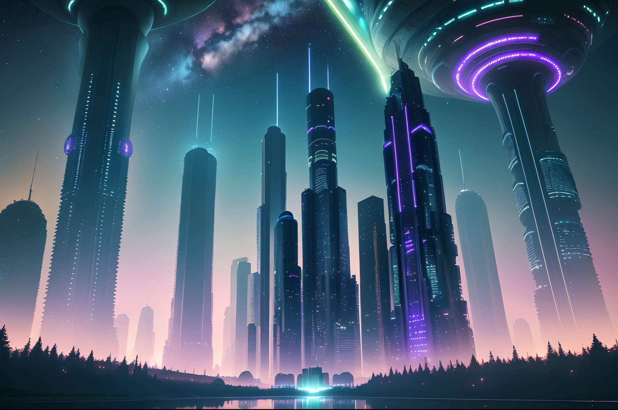 best quality,highres,ultra-detailed,realistic,photorealistic:1.37,sci-fi,intense colors,neon lights,architectural masterpiece,extraterrestrial civilization,advanced technology,glass skyscrapers,futuristic vehicles,floating buildings,cityscape at night,interstellar travel,galactic energy,filled with stars,dark matter,cosmic wormhole,alien life forms,intergalactic transportation,hovering platforms,interdimensional portal,vibrant atmosphere,cyberpunk vibes,nightlife,expansive metropolis,flying cars,advanced AI,galaxy,space-time continuum,energy beams,luminous pathways,majestic skyline,gleaming towers,spacecraft docking stations,interstellar communication,artificial intelligence,urban center of the future,cosmic rays,gravity-defying structures,illumination,blurring lights,cosmic mysteries,twinkling constellations,limitless possibilities