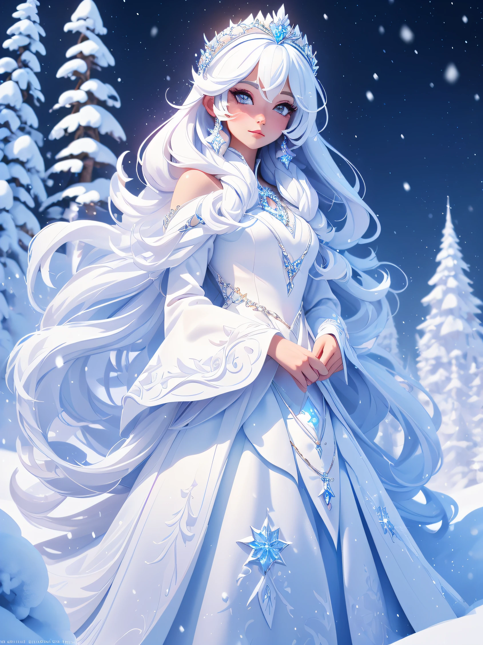 [Snow Princess standing with her white long dress and long white straight hair in front of a white castle], (white beautiful tress, ice light), (capture the snow princess beauty and ethereal beauty) fantasy art, vibrant rich colors, high contrast, no watermark, sharp focus, simple, hyperdetailed, 8k."