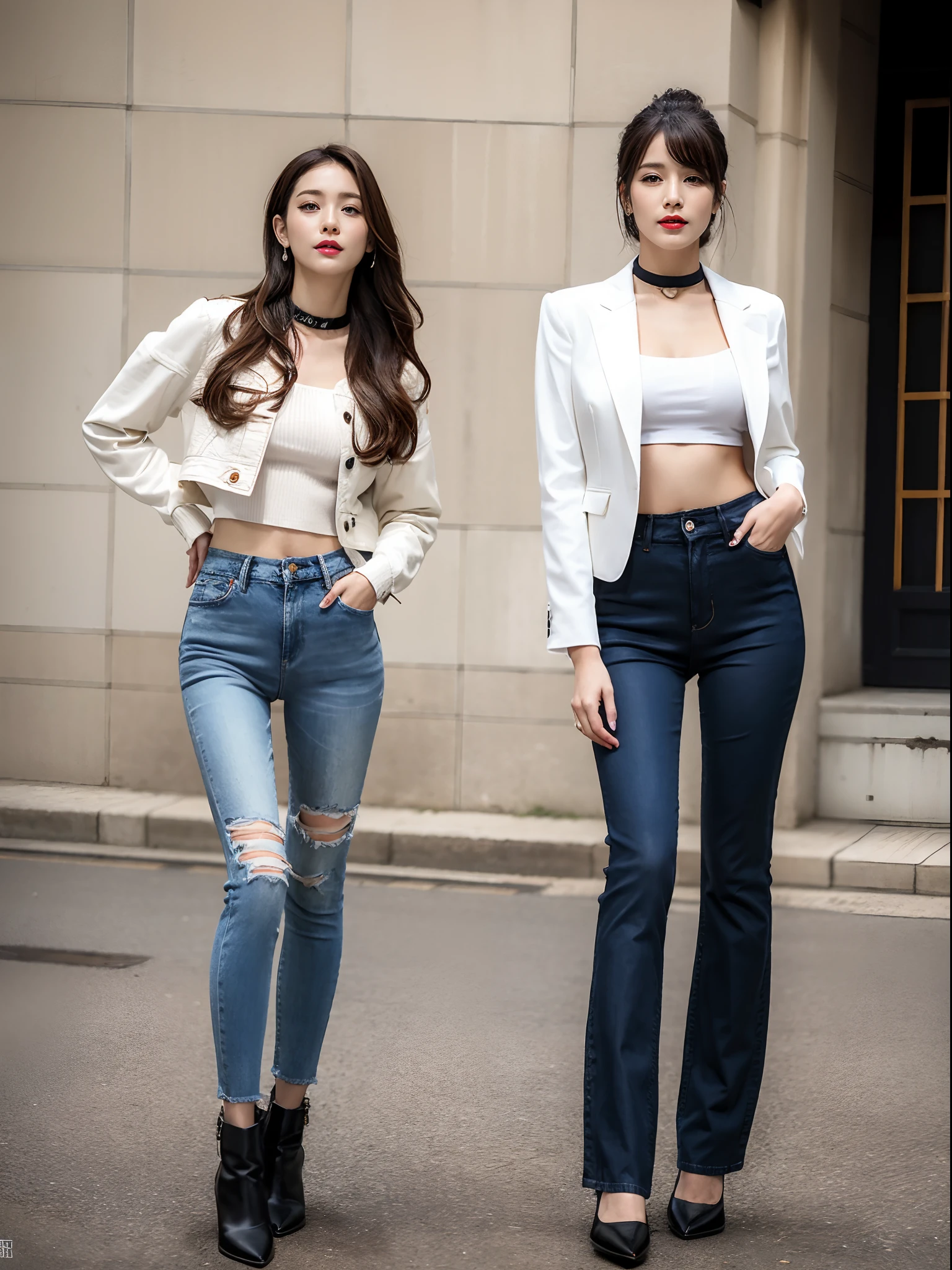 (RAW photo:1.2), (Photorealistic:1.4),Beautiful detailed woman,very detailed eyes and faces, A detailed eye, ultra - detailed, A high resolution, The is very detailed,best qualtiy,illustratio,unified,8k 壁纸,tmasterpiece,best qualtiy,1 group of girls standing side by side，full bodyesbian,cowboys，trouser，denim pant，multipel Girls，jaket，Boots，jewely，blackfootwear，Black shirt，The shirt，4girl，jean jacket，brown  hair，long whitr hair，looking at viewert，black black jacket，耳Nipple Ring，Open jacket，leathers，choker necklace，White color blouse，jaqueta de couro，high-heels，high heels boots，Open clothes，full bodyesbian，longer sleeves，are standing，hand on hips，with brown eye