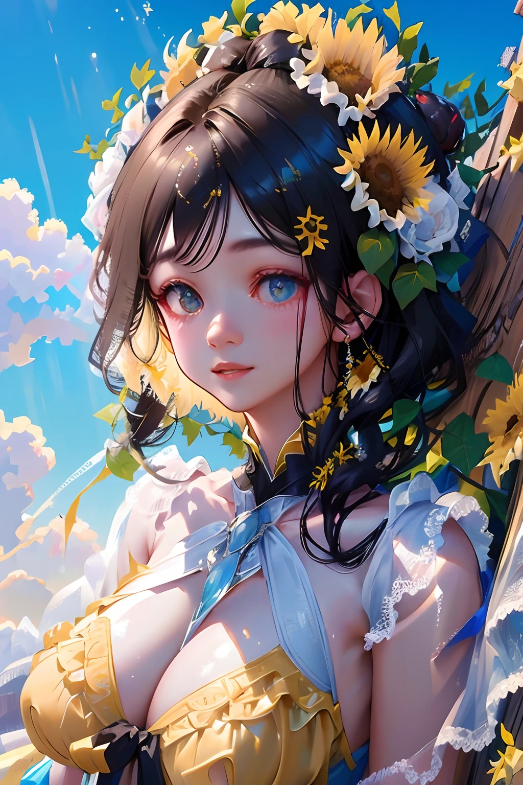 tmasterpiece, high high quality, cinematic Film still from,one-girl,Sunflowers on the head,Cloud Girl, Clouds,(Oil painting texture:1.2),(closeup cleavage: 1.1), brightly, cheerfulness, intriguing, gentlesoftlighting, (bauhause, Shape, lineworks, abstracted: 1.1),