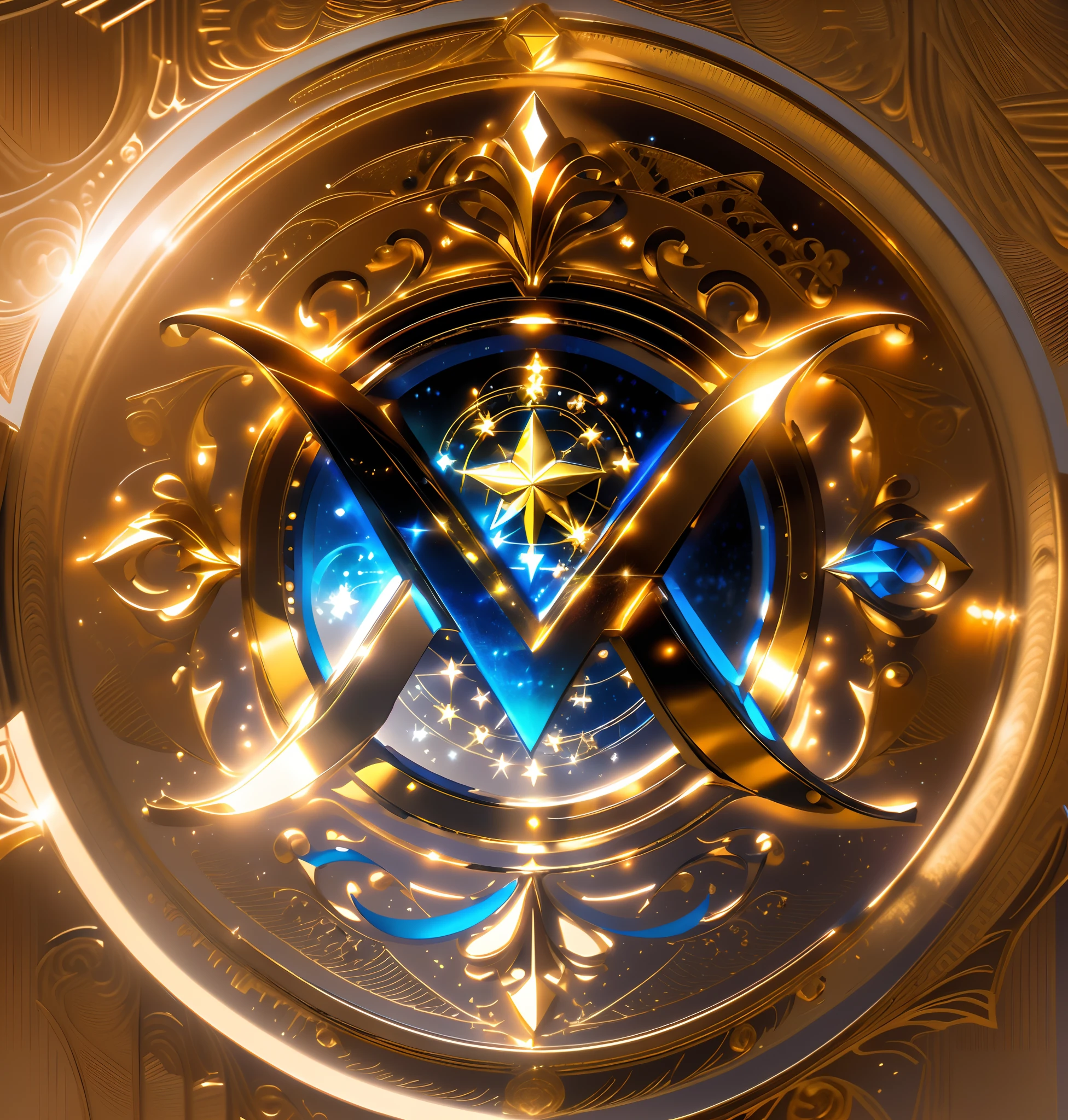 a close up of a gold and blue circular emblem with a letter m, medallion, by Luis Miranda, made in maya and photoshop, magnificent design, by Maximilian Cercha, masterpiece. rendered in blender, by Mario Dubsky, timeless masterpiece, majestic masterpiece, maximalist art nouveau, 3 d icon for mobile game, designed in blender, marvelous style