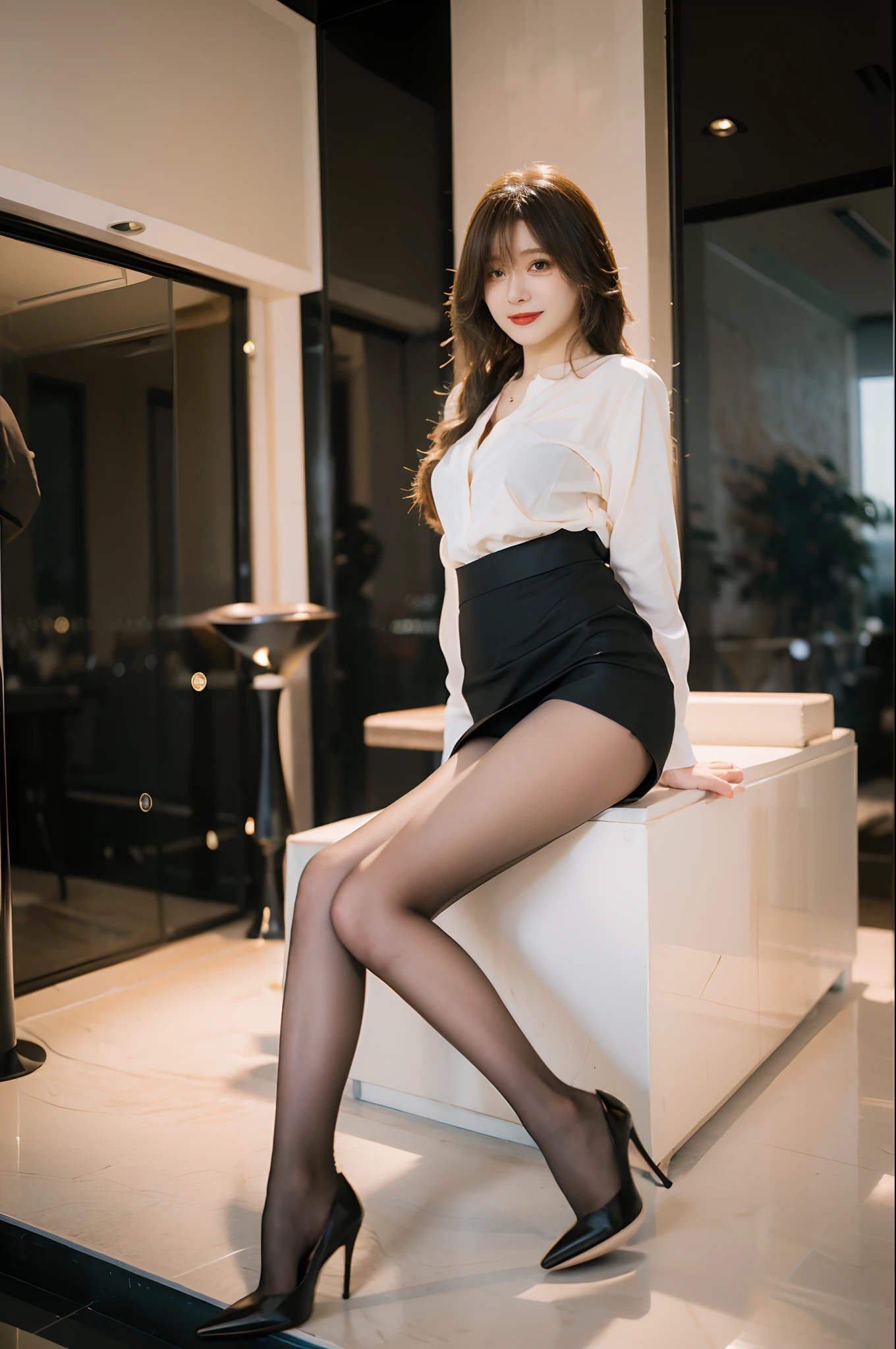 There is a woman sleeping with her legs out on the sofa, close your eyes、Office lady in a mini skirt and white shirt, (Ultra-realistic pantyhose)、Bra is visible through、Shot on a Canon 80d, Beasts, Throw out both legs, Shot with a Canon 5D MK4, Shot with Canon EOS 5D, Shot with Canon EOS 5D Mark IV, Shot on Sony Alpha 9