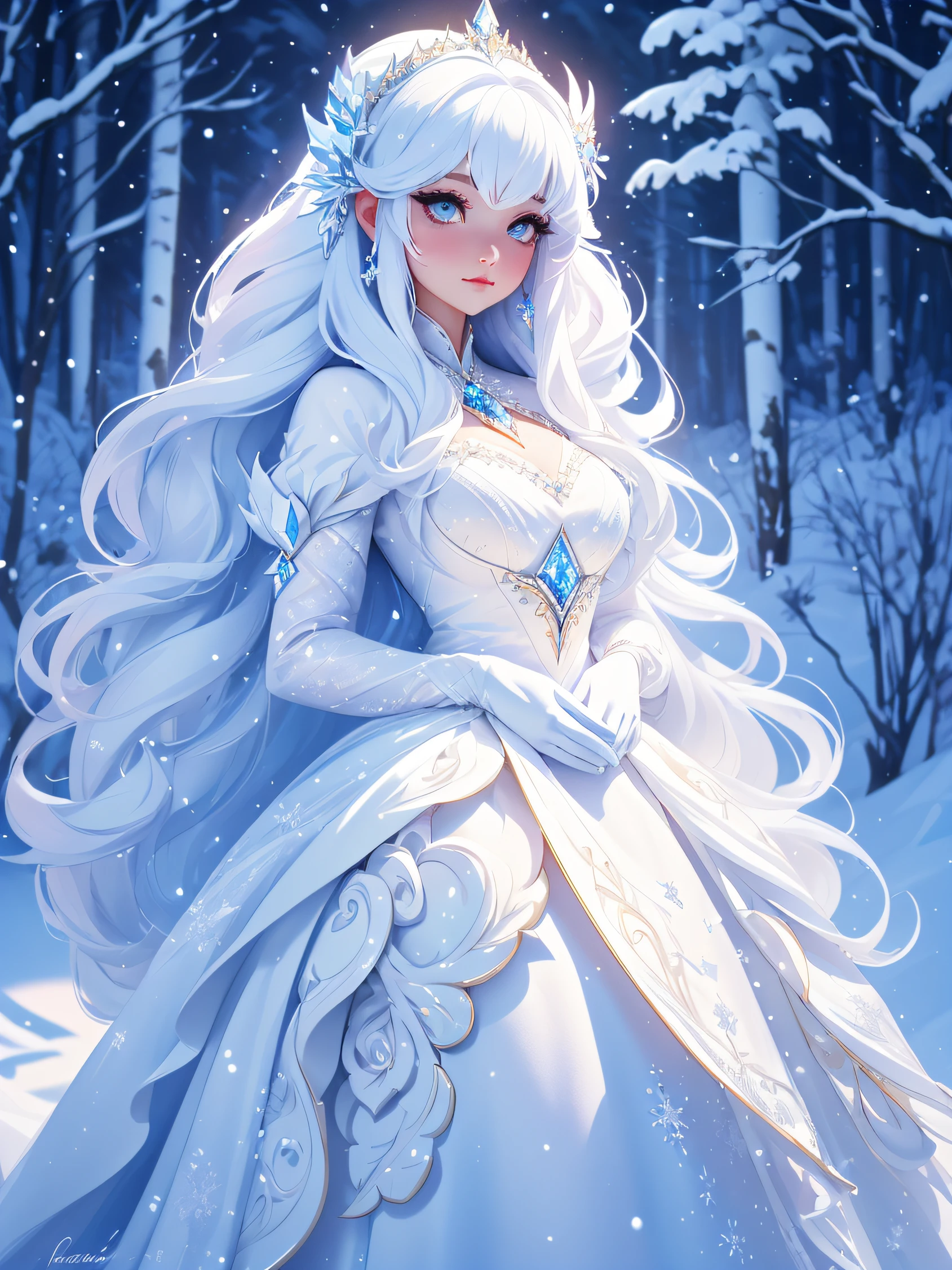 [Snow Princess standing with her white long dress and long white straight hair in front of a white castle], (white beautiful tress, ice light), (capture the snow princess beauty and ethereal beauty) fantasy art, vibrant rich colors, high contrast, no watermark, sharp focus, simple, hyperdetailed, 8k."