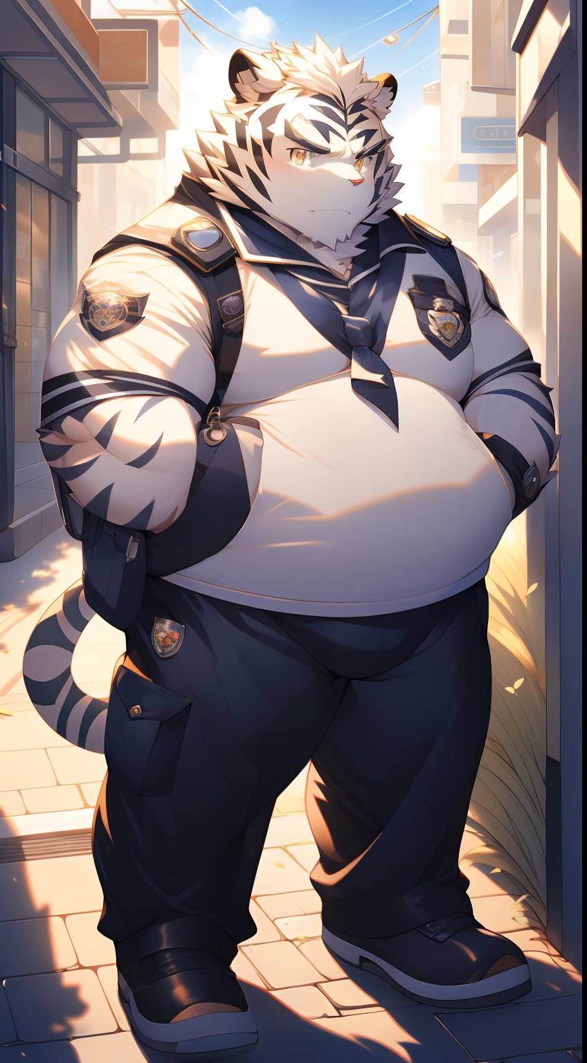 tmasterpiece，Anthropomorphic white tiger，male people，26 year old，Thick eyebrows，White hairs，Strong body，large pecs，Tight black police uniform，Exposing the pectoral muscles，medium bulge，Have on the street，patrol，serious-expression，looking toward the viewer，Golden pupils，Strong，Solo，frontage，Full body photo