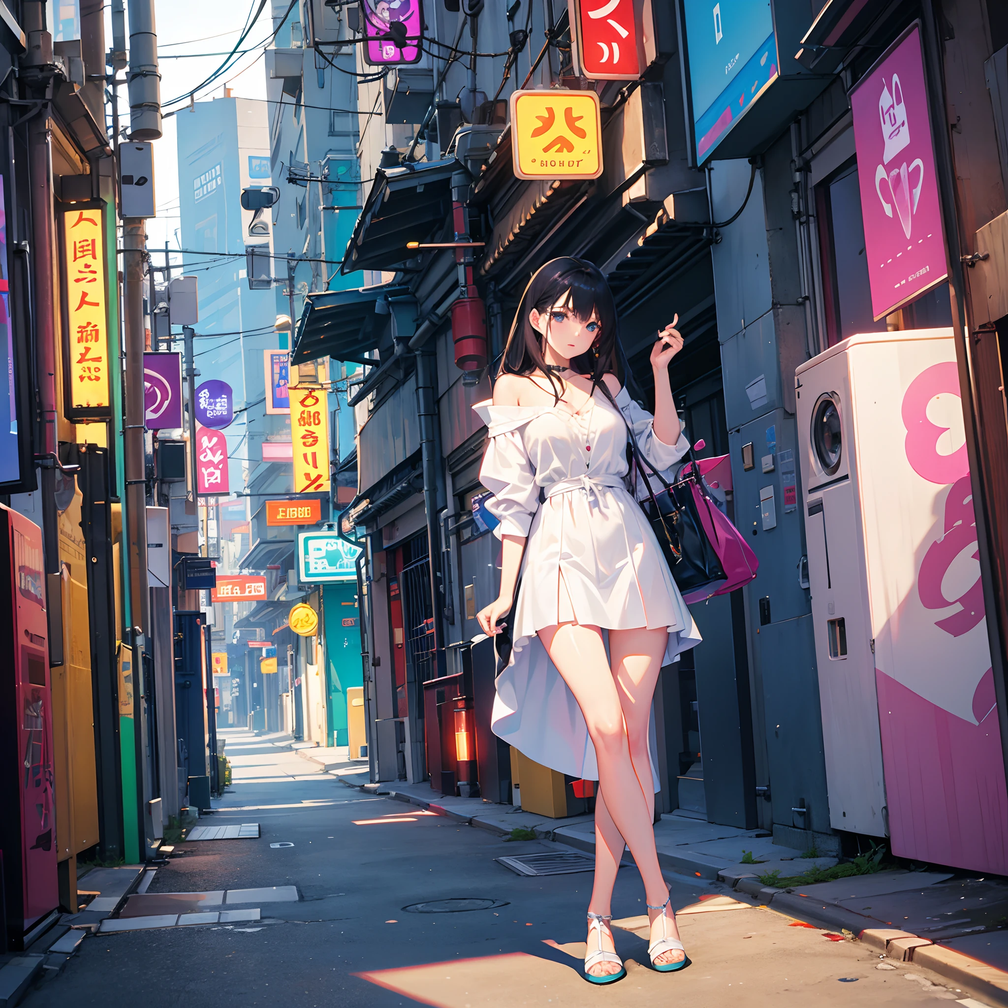 (long shot, looking away, shift character off center, draw the face precisely), a white young lady, wearing various dress, (wearing panties), she thrusts her crotch forward, (her crotch must be touching the pole that is standing on sidewalk), she uses her crotch to push that thin pole from the side), open her legs, Includes crouching pose, (straddling on the that thin pole), for masturbation, orgasm, (outside, in the some place),