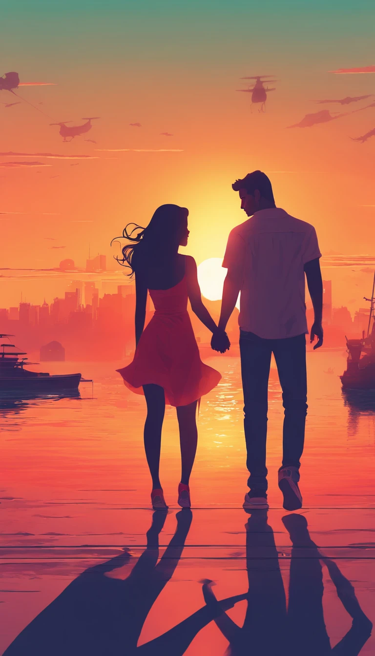 Illustration of a couple holding hands walking on a beach at sunset ...