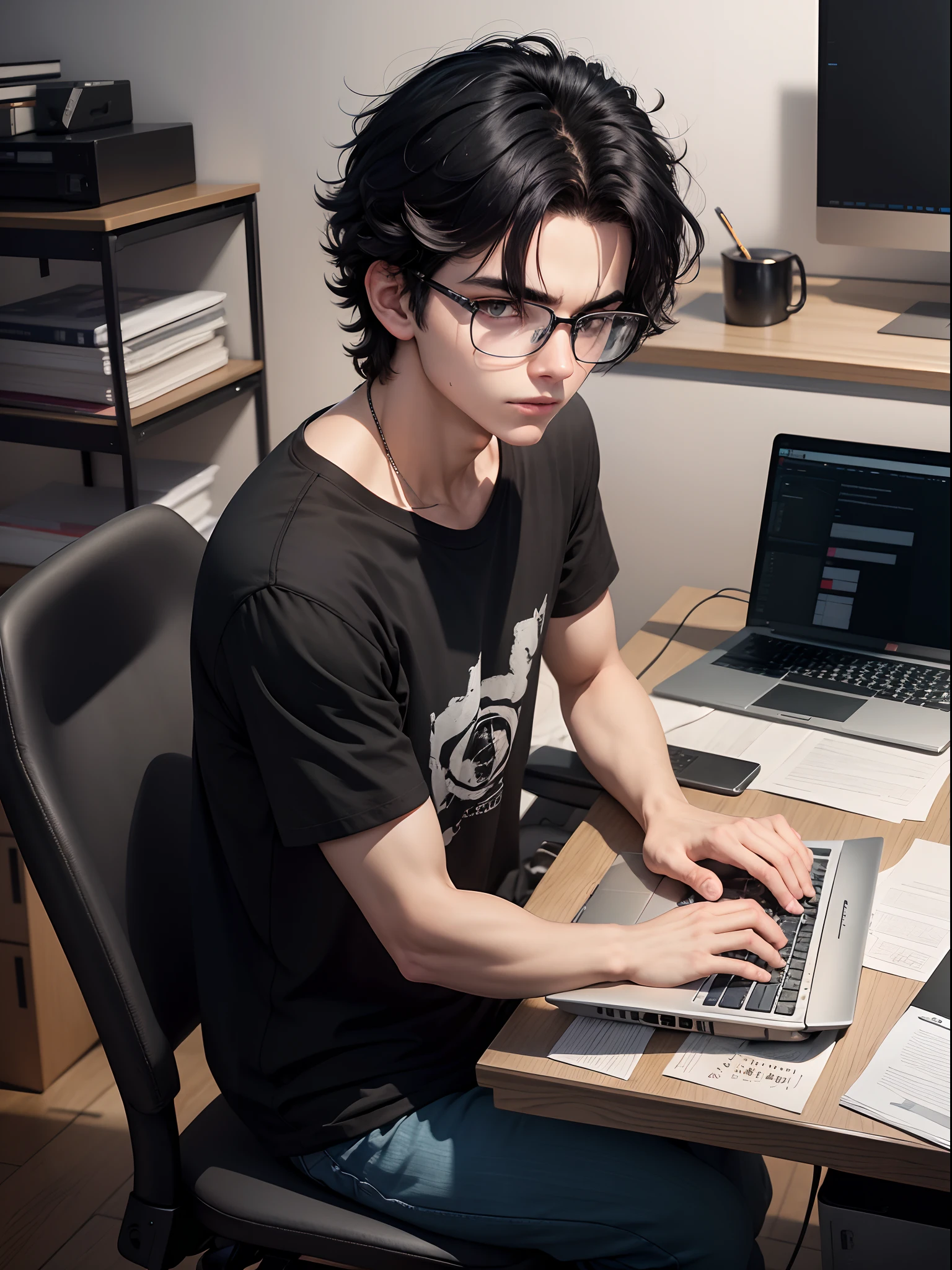 1 boy 19 years old, messy black hair, he is using a laptop, wearing black T-shirt, suspicious eyes, looked a little scared, biting lip, bespectacled, face looking at laptop, desk with laptop, in the dark room, 8k, Extremely beautiful image quality, Extremely high graphics, best quality