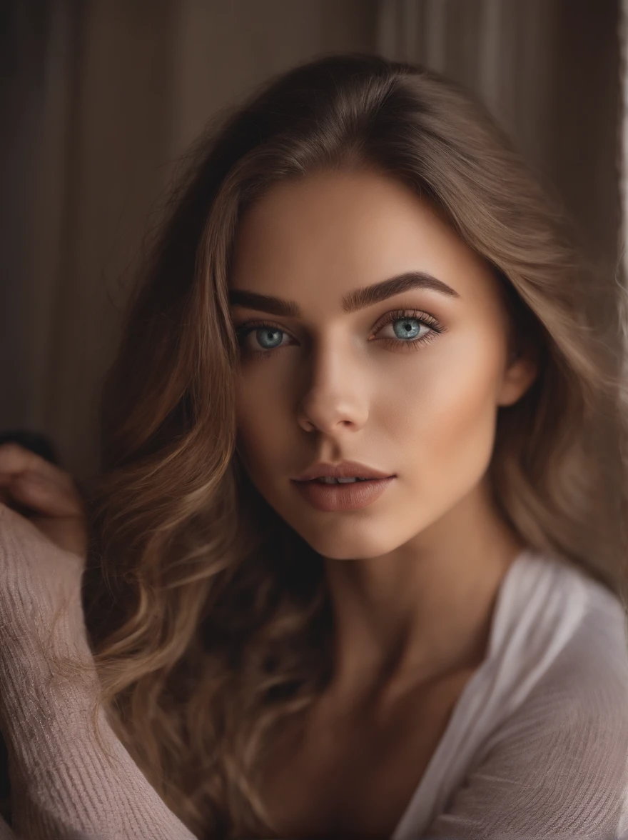 Arafed woman completely , fille sexy aux yeux bleus, ultra realist, Meticulously detailed, Portrait Sophie Mudd, cheveux blonds et grands yeux, selfie of a young woman, Yeux de chambre, a quatre pattes, Violet Myers, sans maquillage, maquillage naturel, looking straight at camera, Visage avec Artgram, Maquillage subtil, Great photo of the whole body kneeling on the bed, dans la chambre, Medium to large bust, highly quality,