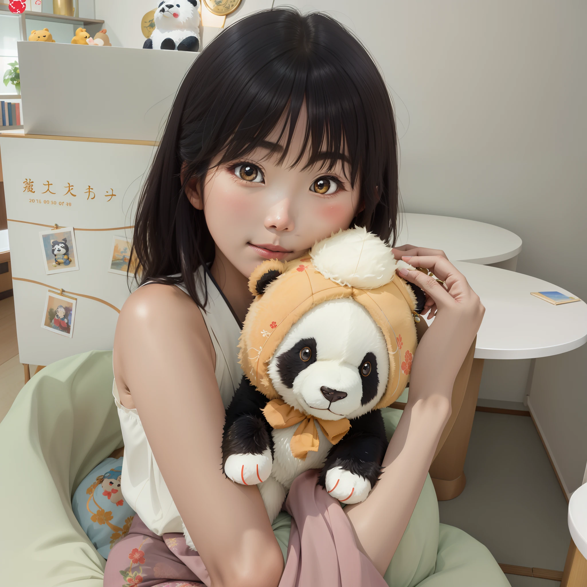 Scene of Arakfi sitting on a chair in the room, hugging stuffed animals. Plush toys cute and fluffy. The room was comfortable，It has a peaceful atmosphere. There is a set of Shaxi tea set on a nearby table, adding to the serene ambiance. The stuffed animal is a playful expression、Teddy bear with soft fur. Aravi is a long girl, Flowing hair and gentle smile. She wears a traditional Japanese kimono，The eyes are bright and expressive. Next to Arakfi, There's a book called "480 pages" author：lulu chen、Wu Xixuan. The book is full of beautiful illustrations and intricate details. Aravi immersed himself in reading the book, Be captivated by the fascinating story. The room is decorated with posters and merchandise of cute panda characters, Beloved mascot. The lighting in the room was soft and warm, Cast a soft glow on the surroundings. The colors in the scene are vibrant and harmonious, Create visually pleasing compositions. The overall image should be of the best quality, It has ultra-detailed elements and photorealistic aesthetics.