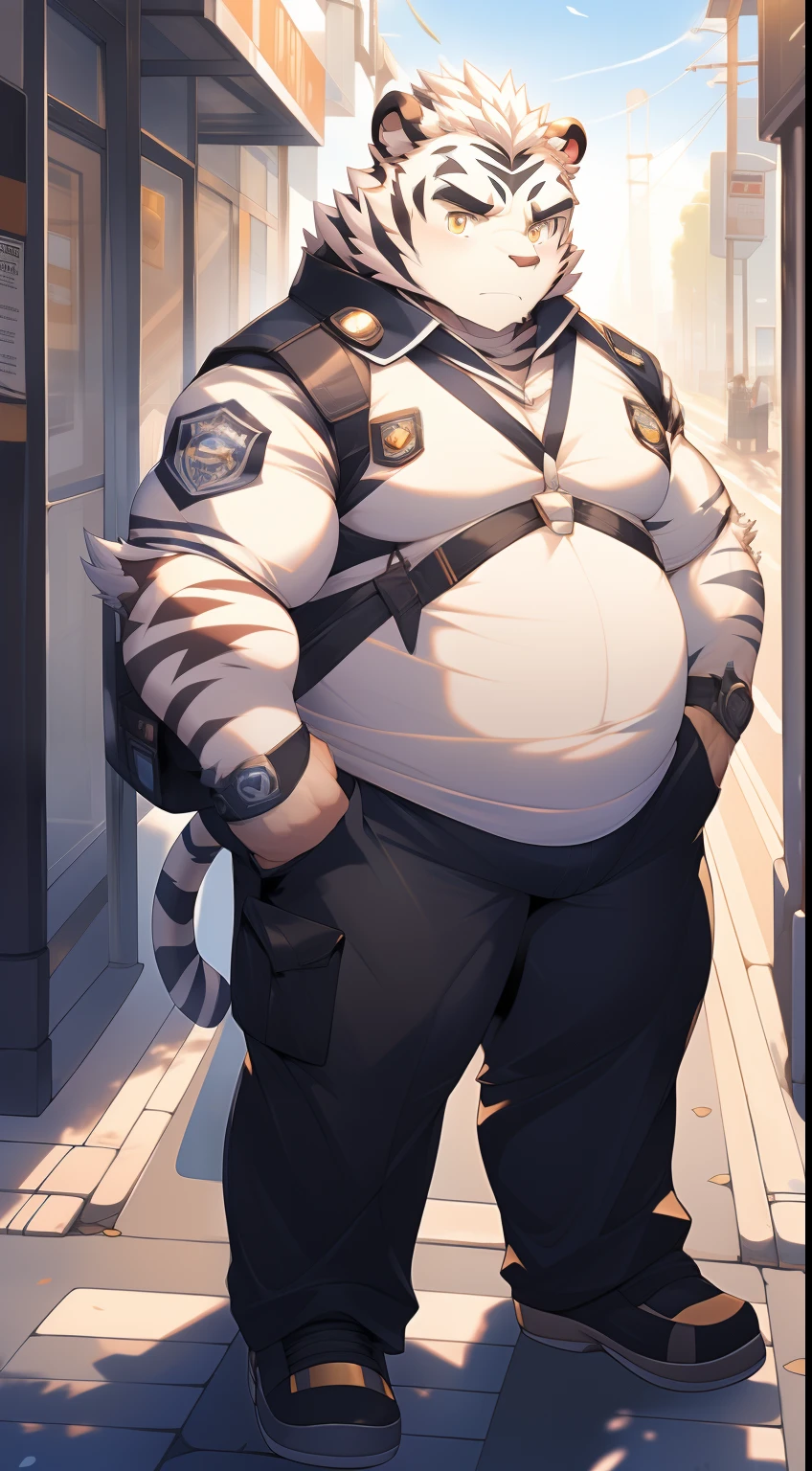 tmasterpiece,Anthropomorphic white tiger,male people,26 year old,Thick eyebrows,White hairs,Strong body,large pecs,Tight black police uniform,Exposing the pectoral muscles,medium bulge,Have on the street,patrol,serious-expression,looking toward the viewer,Golden pupils,Strong,Solo,frontage,Full body photo