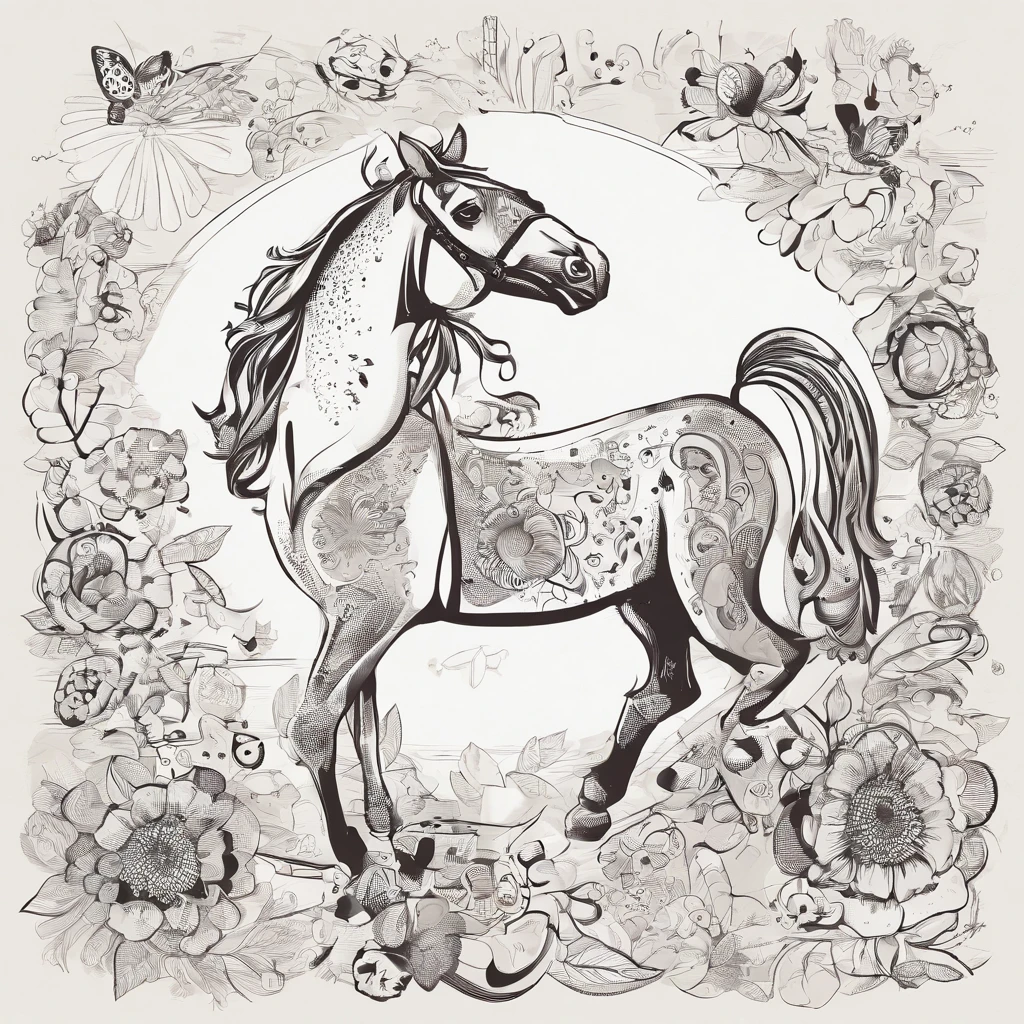 Cute ladybird illustration, line-drawing、Wind drawn in pencil、monochromes, icons, It features a simple、One horse