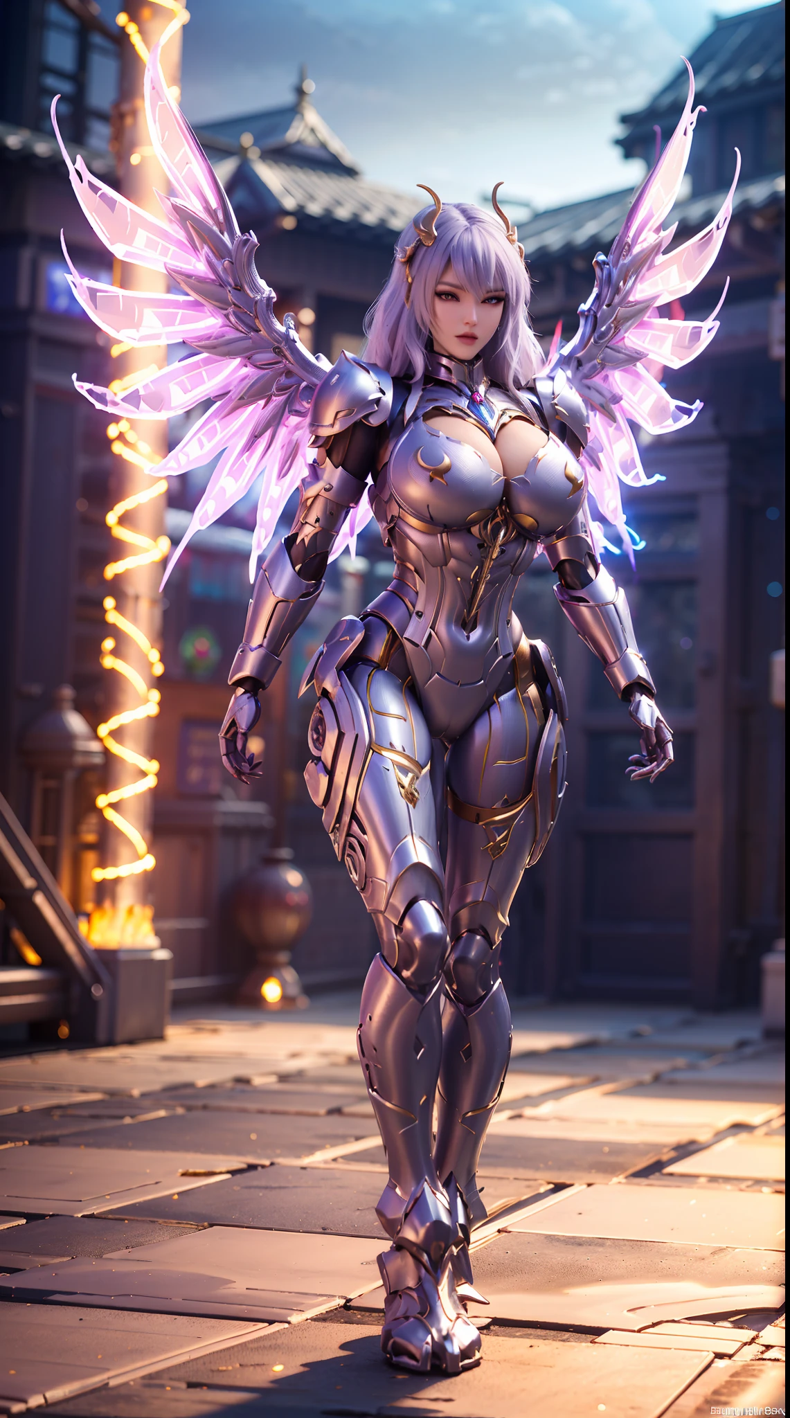 DRAGON BIG HORN ON HEAD, (BUSTY HUGE FAKE BOOBS), (BEAUTIFUL FACE), (WHITE HAIR), (WHITE, PURPLE, GOLD, ARMOR), (PHOENIX ARMORED GEAR), ((A PAIR OF LARGEST PEACOCK DOUBLE WINGS)), SKINTIGHT PHOENIX MECHA LATEX SUIT, (CLEAVAGE), (SKINTIGHT YOGA PANTS), (SEXY LEGS), (LOOKING ON VIEWER), (FULL BODY), ((STANDING POSE)), (SLENDER), (SEXY BODY), (MUSCLE ABS), UHD, 8K, 1080P.