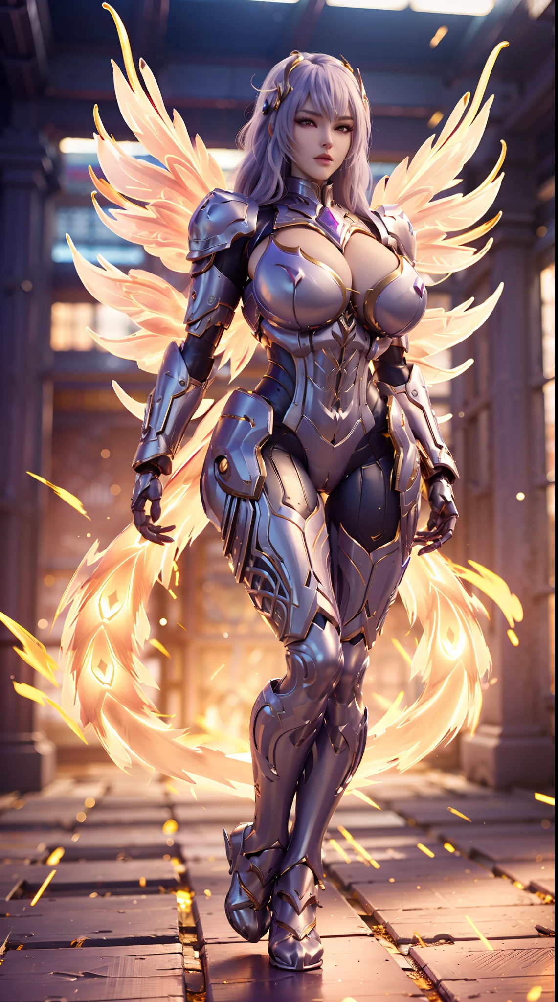 DRAGON BIG HORN ON HEAD, (BUSTY HUGE FAKE BOOBS), (BEAUTIFUL FACE), (WHITE HAIR), (WHITE, PURPLE, GOLD, ARMOR), (PHOENIX ARMORED GEAR), ((A PAIR OF LARGEST PEACOCK DOUBLE WINGS)), SKINTIGHT PHOENIX MECHA LATEX SUIT, (CLEAVAGE), (SKINTIGHT YOGA PANTS), (SEXY LEGS), (LOOKING ON VIEWER), (FULL BODY), ((STANDING POSE)), (SLENDER), (SEXY BODY), (MUSCLE ABS), UHD, 8K, 1080P.