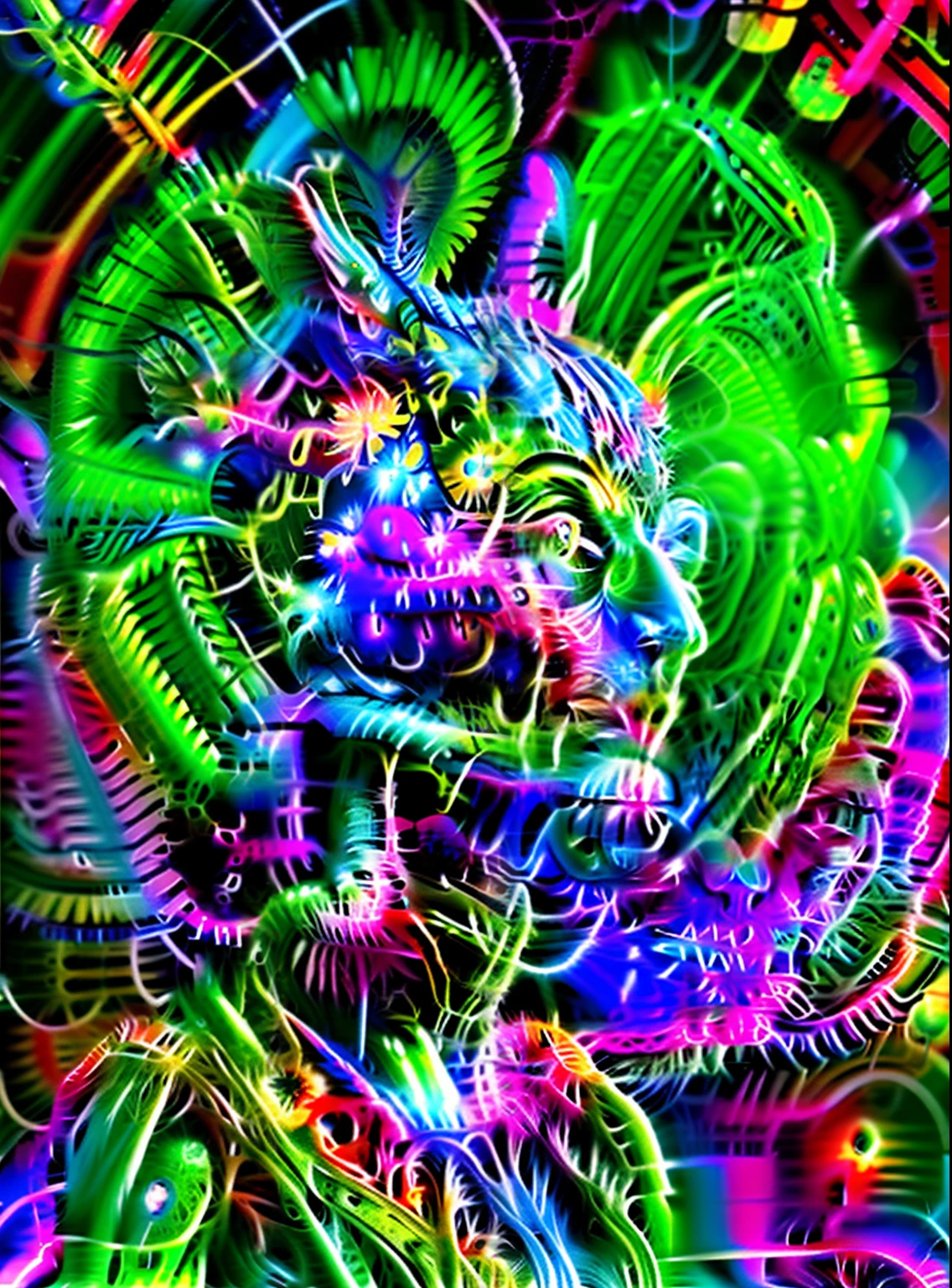 highly intricate and colorful, intricate, neon version of style jim burns, humanoid flora, abstract album cover, bioluminescent