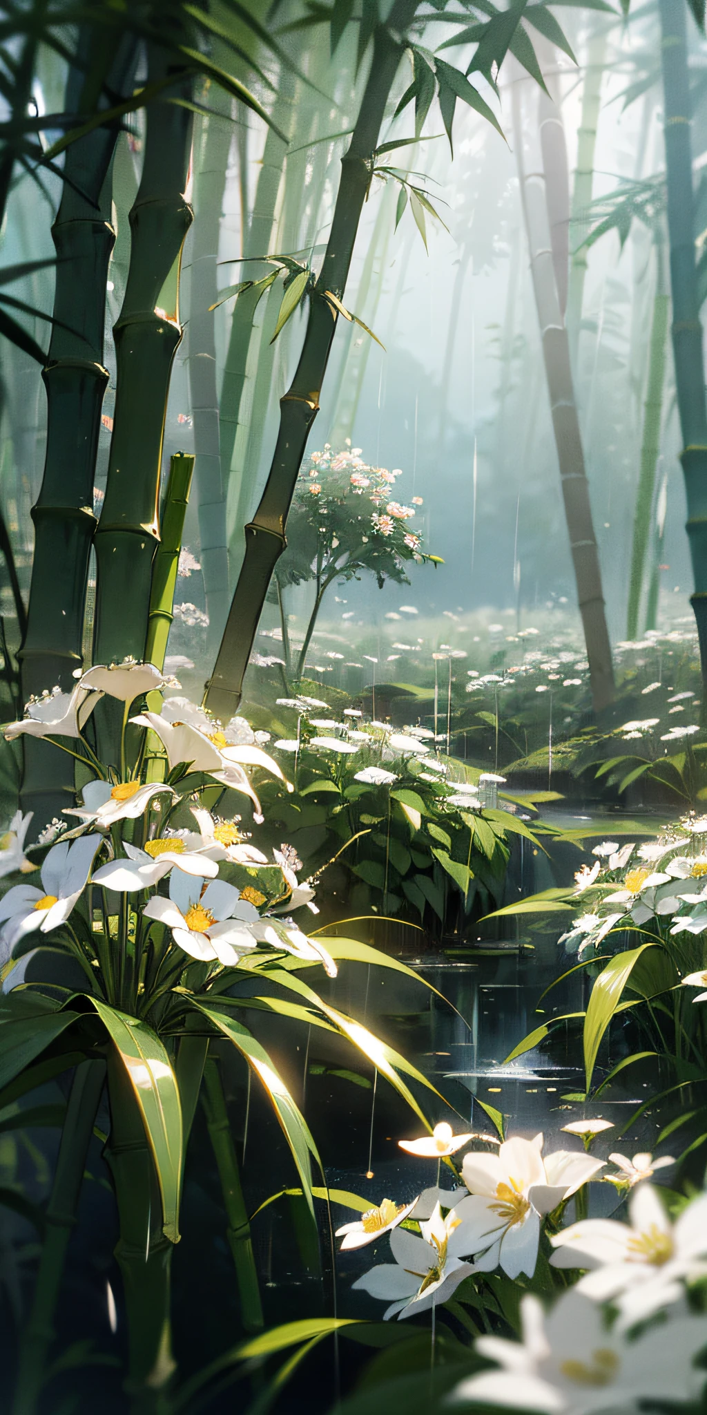 Masterpiece, Best quality, Studio lighting,Vista Peak, Close white wildflower bushes，Cloudy, Small rivers, bamboo forrest, flower  sea,  rain, lighting