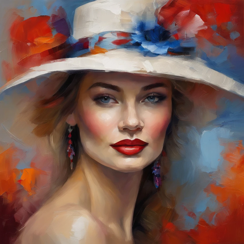acrylic painting of a woman in a white cocktail dress, wearing a red hat, long blond hair, blue eyes, eyes looking at us, hat top within our view, hat top within the frame, medium shot, elegant digital painting, beautiful acrylic portrait painting, wlop painting style, brush strokes in textured paint, gorgeous digital painting, in style of Junyi Liu, beautiful character painting, fine art portrait painting, epic colorful background, beautiful art uhd 4 k