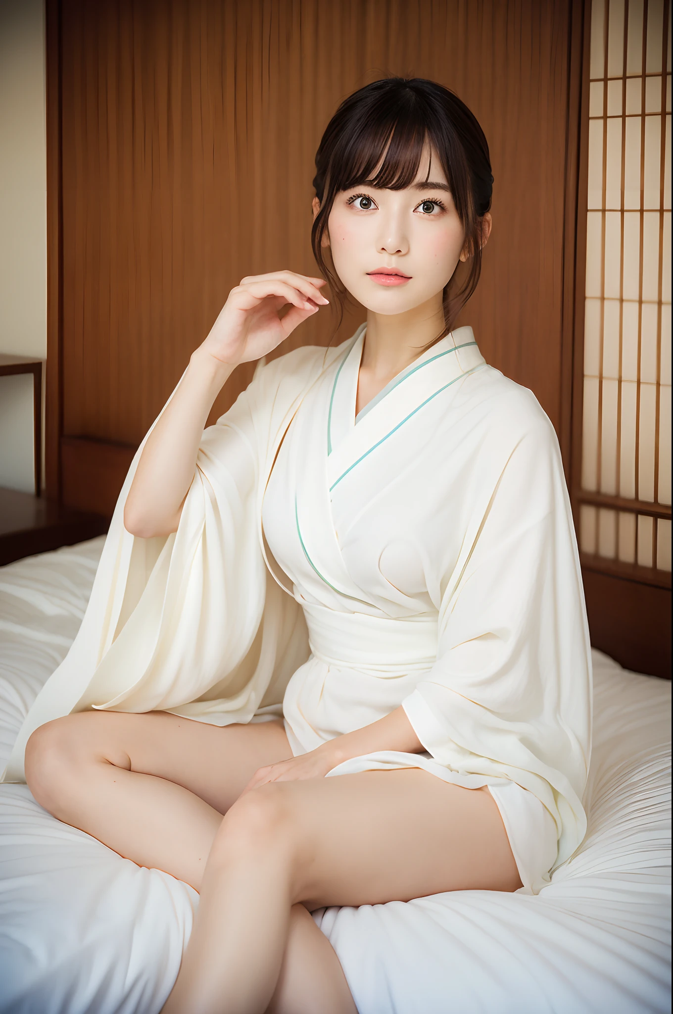 araffe asian woman in a white dress sitting on a bed, a pastel by Torii Kiyomoto, tumblr, shin hanga, 奈良美智, young sensual gravure idol, japanese model, in kimono, deayami kojima, sophisticated gravure idol, posing in a bedroom