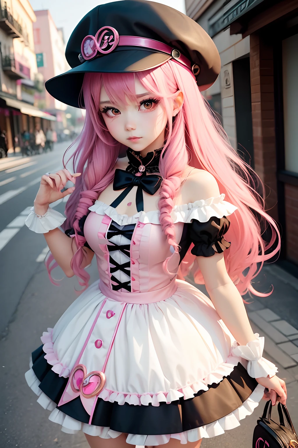 there is a woman with pink hair wearing a black hat, anime girl cosplay(GUCCI), anime girl in real life, anime style mixed with fujifilm, portrait of magical lolita girl, cute kawaii girl, anime cosplay, beautiful anime style, lolita style, anime style, cute anime girl, beautiful anime girl, artwork in the style of guweiz