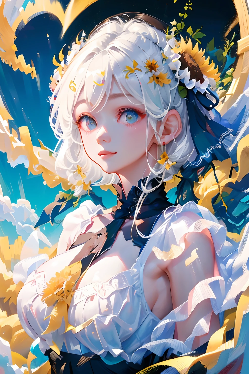 tmasterpiece， high high quality，  one-girl，White hair，Sunflowers are worn on the head， floating in sky，White slip dress，full bodyesbian， Cloud Girl， Clouds， brightly， cheerfulness， intriguing， gentlesoftlighting， （bauhause， Shape， lineworks， abstracted： 1.1）， panda ears，