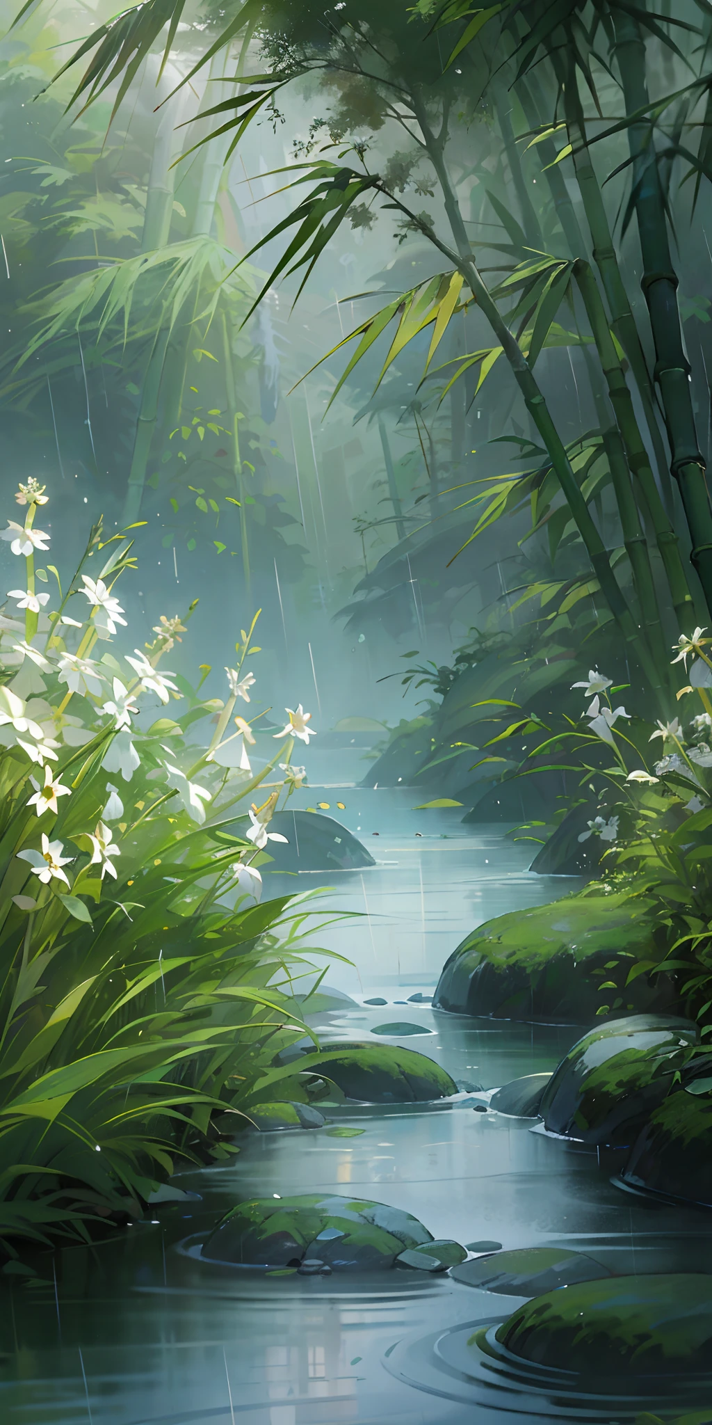 Masterpiece, Best quality, Studio lighting,White wildflowers,Cloudy, dense fog,Small rivers, bamboo forrest, rain, lighting