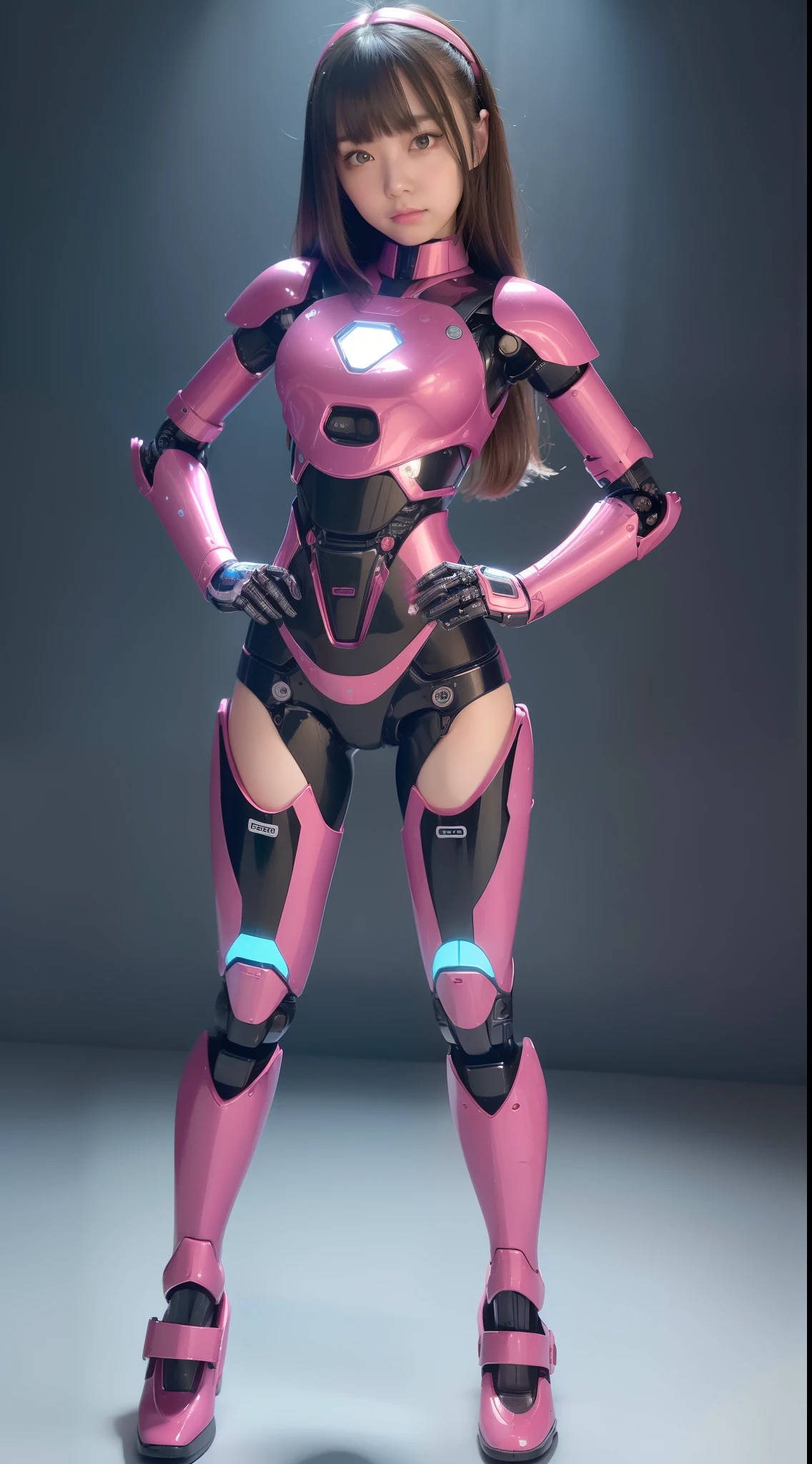 (Photorealsitic:1.4)、One girl、(top-quality)、(hyperdetailed face)、(Super well-formed face)、((Robot Parts))、(Robot Girl)、(Blue)、(pink there)、(Burgundy)、(metalic)、(full body Esbian)、(sexy pose)、(Slender body)、(Model body type)、(full body mech)、(akihabara)、(is looking at the camera)、(A dark-haired)、(Well-proportioned girl)、(a small face)、(Idol)、(front facing)、(Standing with legs open)、(Hands on hips)、(Photo session)、(Looks sad)、(Perfect Robot Girl)