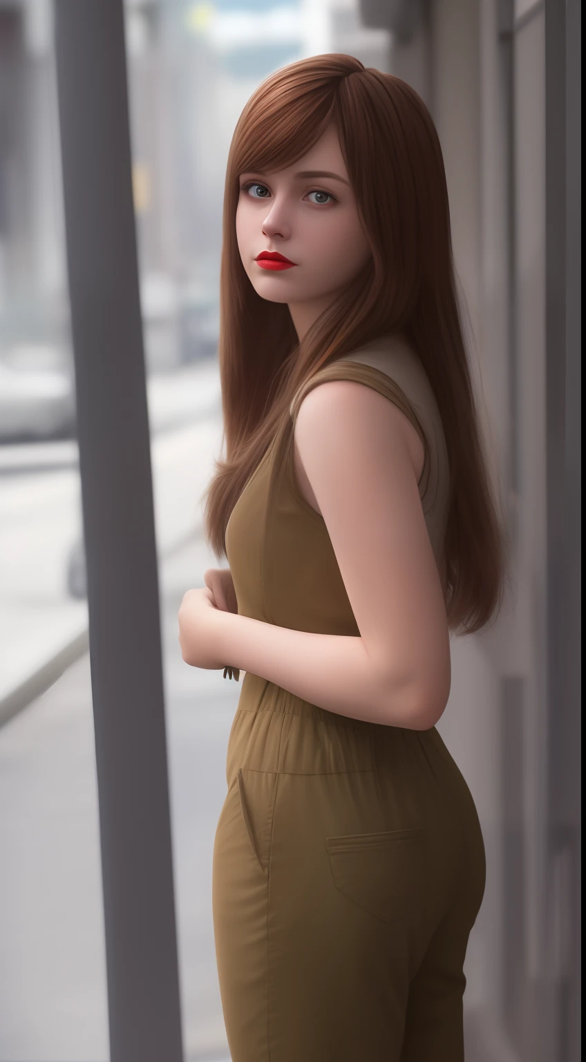 Photo teen max caulfield ,
brown hair , ,. red lips ,long hair , , no selfie , depth of field, no happy,
, no smiling ,,, jumpsuit , jens pants , ,
looking at viewer, city