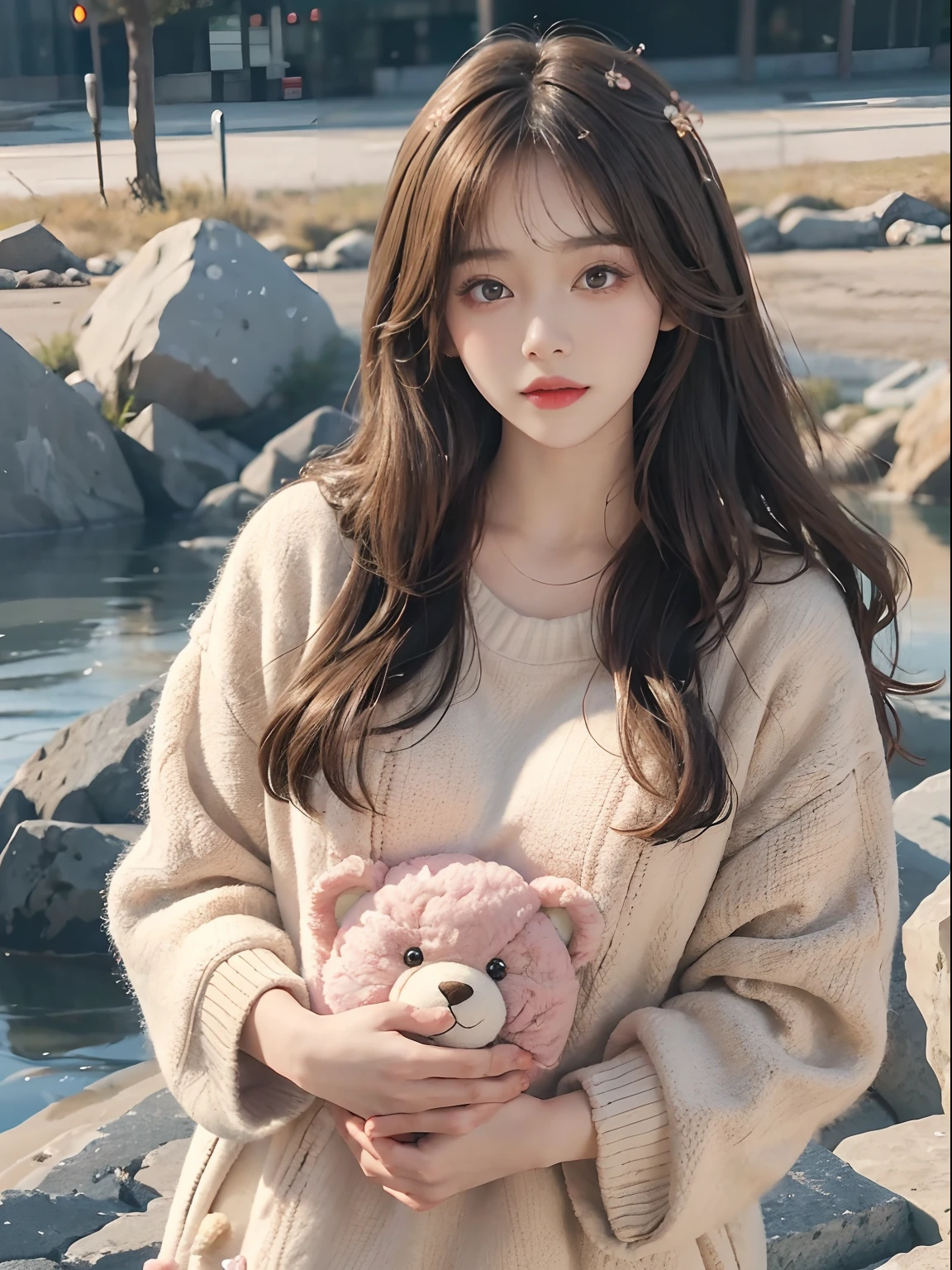 1girl walking on the river, mix4, sweater, pillow, lips, open_mouth, realistic, photo_\(medium\), solo, stuffed_animal, stuffed_toy, teddy_bear, (masterpiece), (realism: 1.3), super detailed, (High detail skin: 1.2), (Best quality: 1.0), (Ultra resolution: 1.0), (ULZZANG-6500: 0.3), wavy detail hair, long hair, sunshine, (beautiful detail makeup), (sexually aroused blush, heavy breath: 1.0), floral theme petals scattered, (soft light bloom: 0.5)